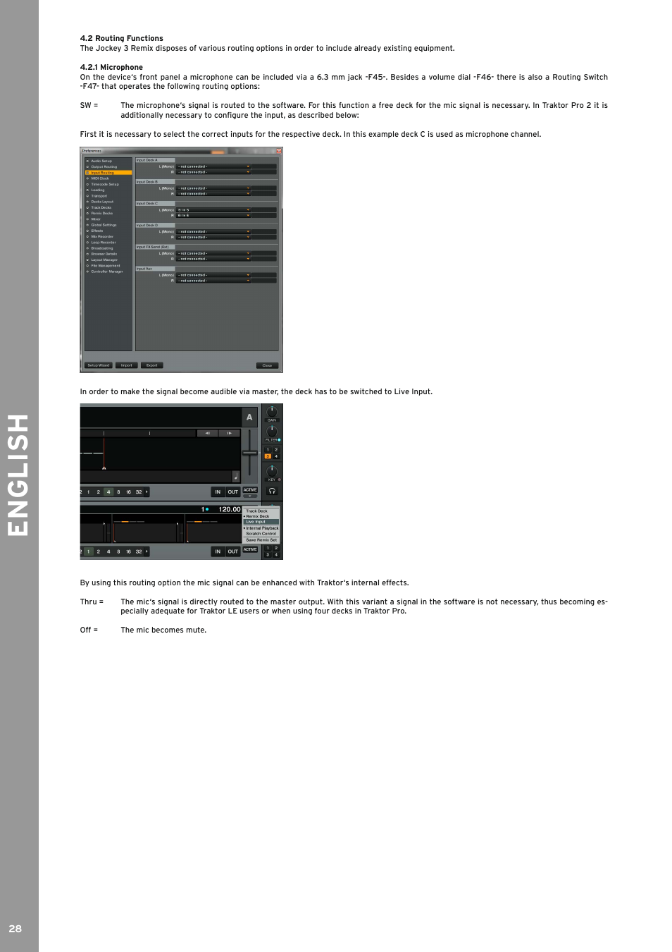 2 routing functions, 1 microphone, Routing functions | Microphone, English | Reloop JOCKEY 3 REMIX User Manual | Page 28 / 68