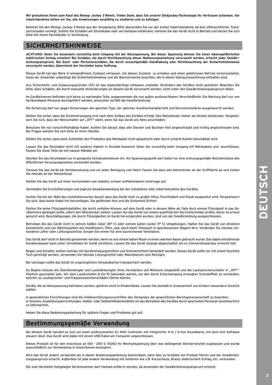 Sicherheitshinweise, Bestimmungsgemäße verwendung, Sicherheitshinweise bestimmungsgemässe verwendung | De ut s ch | Reloop JOCKEY 3 REMIX User Manual | Page 3 / 68