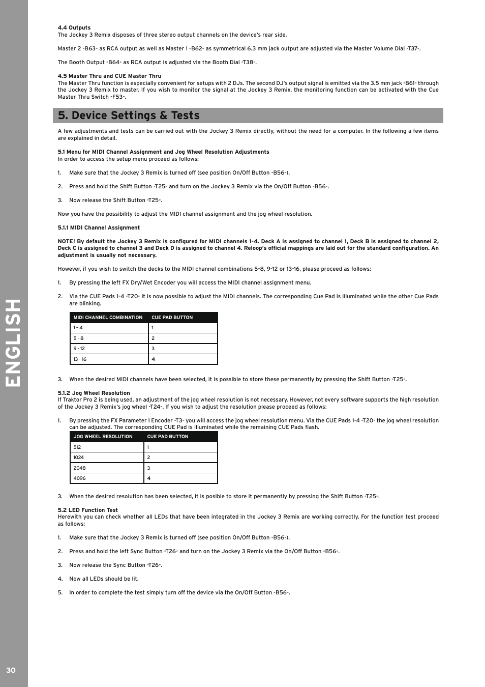 4 outputs, 5 master thru and cue master thru, Device settings & tests | 1 midi channel assignment, 2 jog wheel resolution, 2 led function test, Outputs, Master thru and cue master thru, Midi channel assignment, Jog wheel resolution | Reloop JOCKEY 3 REMIX User Manual | Page 30 / 68