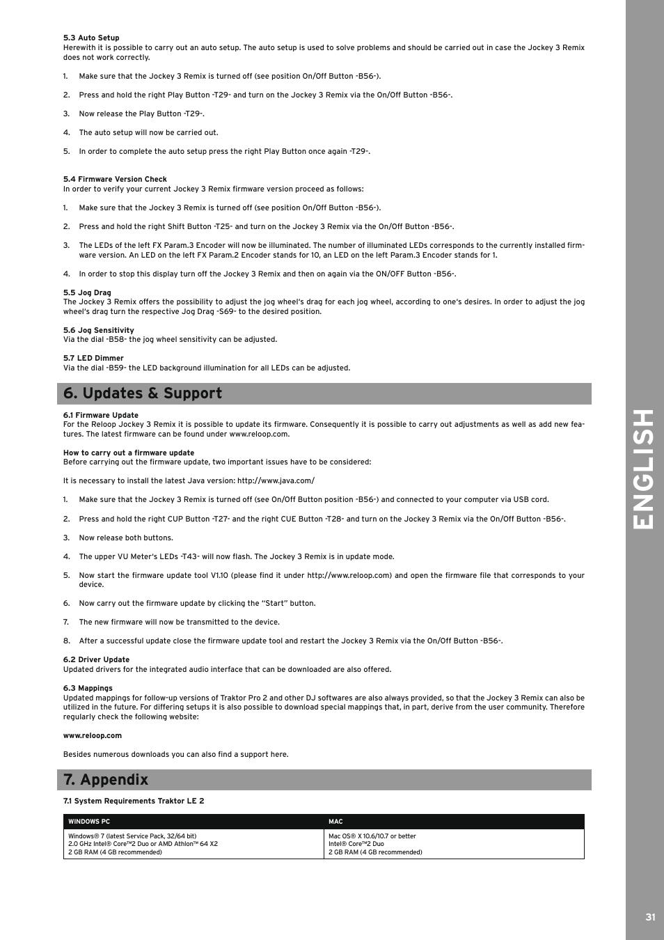 3 auto setup, 4 firmware version check, 5 jog drag | 6 jog sensitivity, 7 led dimmer, Updates & support, 1 firmware update, 2 driver update, 3 mappings, Appendix | Reloop JOCKEY 3 REMIX User Manual | Page 31 / 68