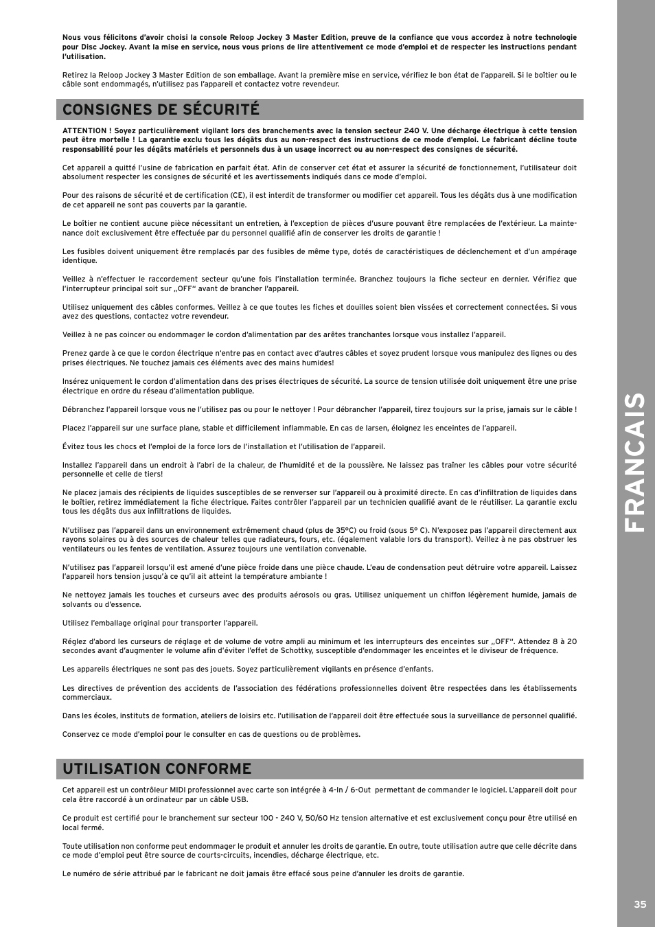 Consignes de sécurité, Utilisation conforme, Consignes de sécurité utilisation conforme | Fr anc ais | Reloop JOCKEY 3 REMIX User Manual | Page 35 / 68