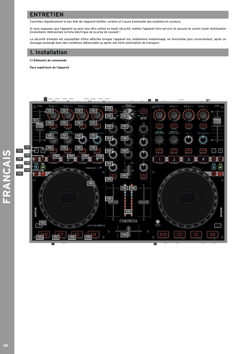 Entretien, Installation, Fr anc ais | Reloop JOCKEY 3 REMIX User Manual | Page 36 / 68