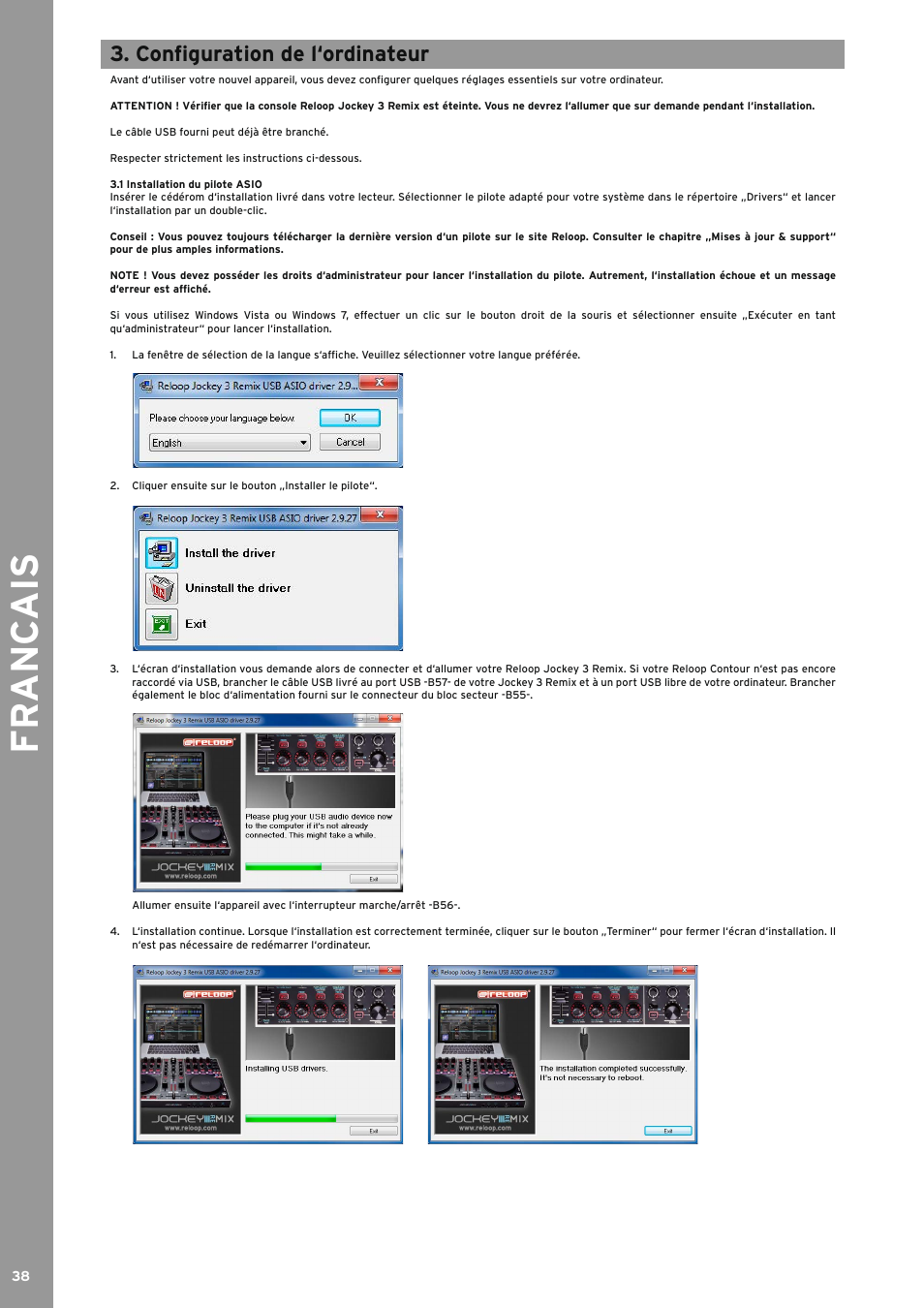 Configuration de l‘ordinateur, 1 installation du pilote asio, Fr anc ais | Reloop JOCKEY 3 REMIX User Manual | Page 38 / 68