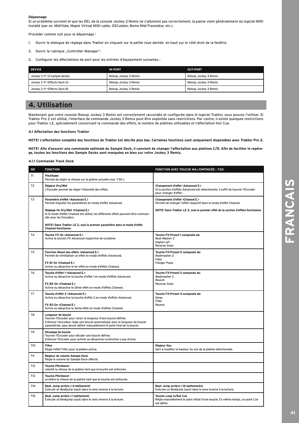 Utilisation, 1 affectation des fonctions traktor, 1 commande track deck | Fr anc ais | Reloop JOCKEY 3 REMIX User Manual | Page 41 / 68