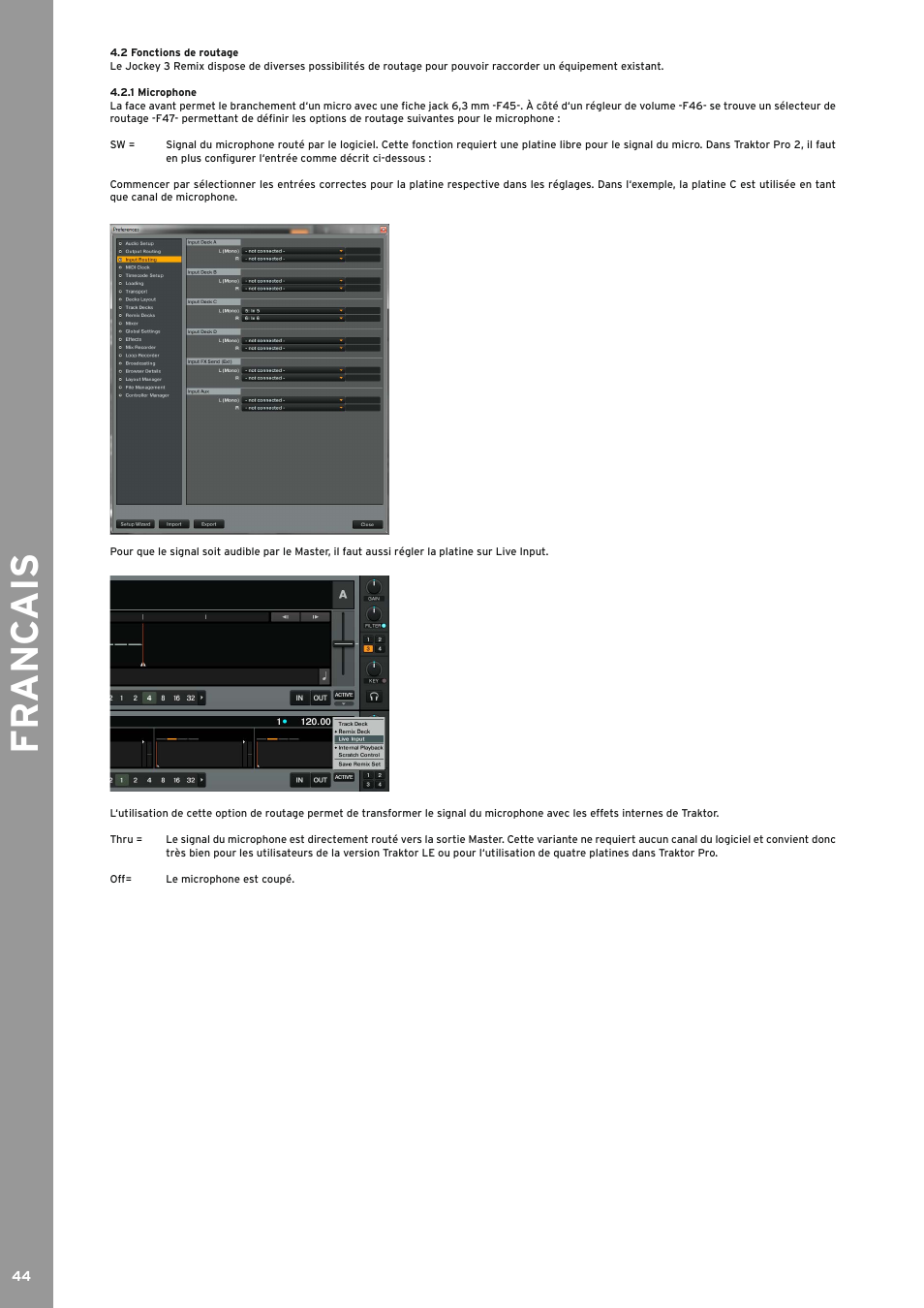 2 fonctions de routage, 1 microphone, 2 fonctions de routage 4.2.1 microphone | Fr anc ais | Reloop JOCKEY 3 REMIX User Manual | Page 44 / 68