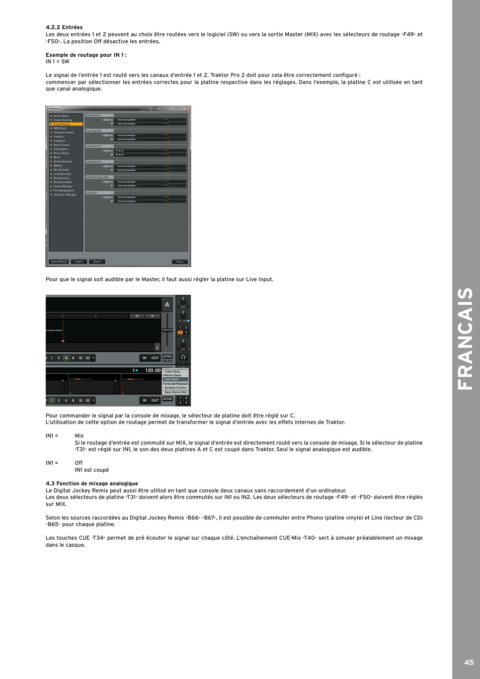 2 entrées, 3 fonction de mixage analogique, 2 entrées 4.3 fonction de mixage analogique | Fr anc ais | Reloop JOCKEY 3 REMIX User Manual | Page 45 / 68