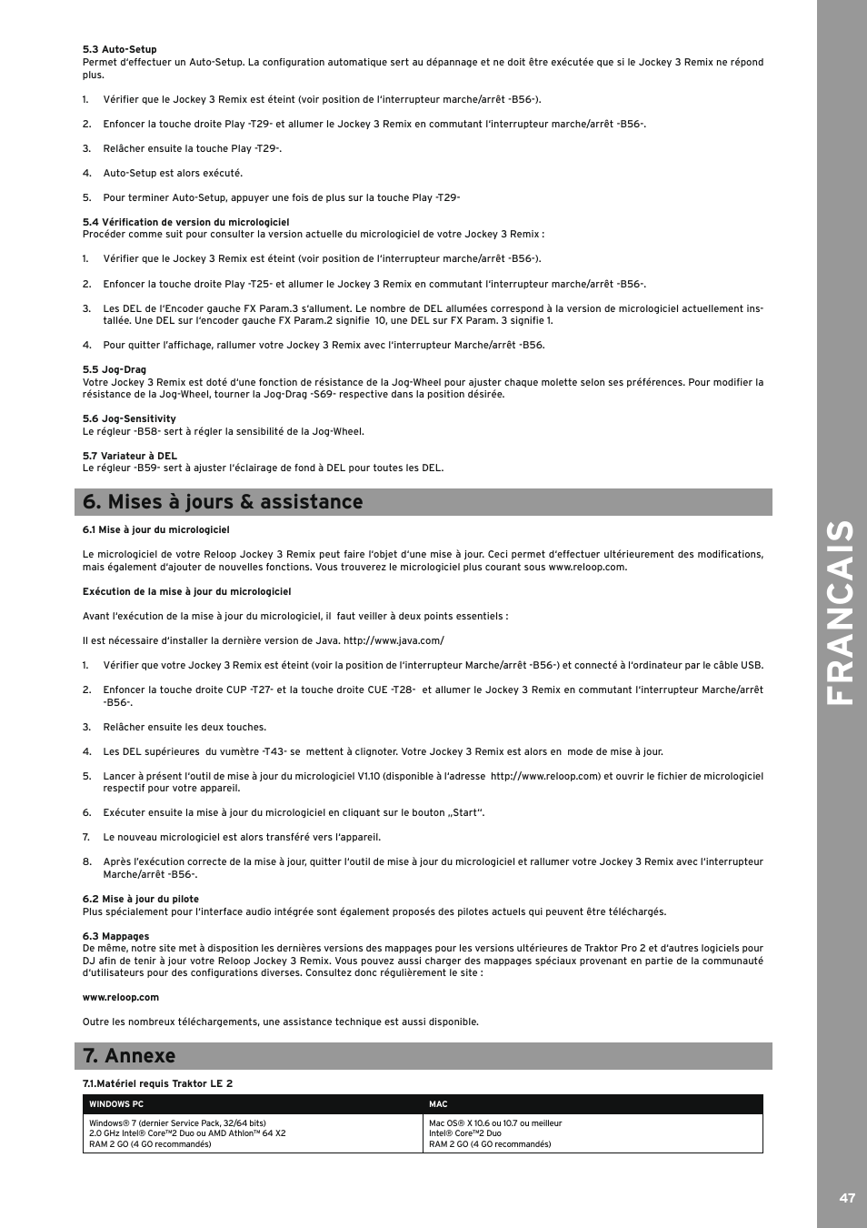 3 auto-setup, 4 vérification de version du micrologiciel, 5 jog-drag | 6 jog-sensitivity, 7 variateur à del, Mises à jours & assistance, 1 mise à jour du micrologiciel, 2 mise à jour du pilote, Annexe, Matériel requis traktor le 2 | Reloop JOCKEY 3 REMIX User Manual | Page 47 / 68
