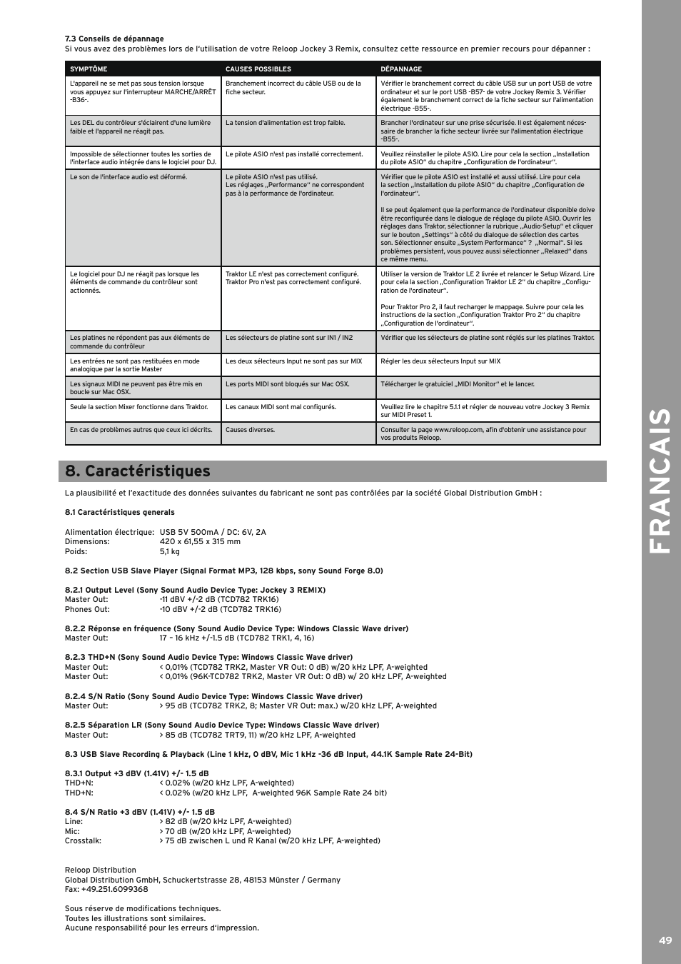 3 conseils de dépannage, Caractéristiques, 1 caractéristiques generals | 1 output +3 dbv (1.41v) +/- 1.5 db, 4 s/n ratio +3 dbv (1.41v) +/- 1.5 db, Fr anc ais | Reloop JOCKEY 3 REMIX User Manual | Page 49 / 68
