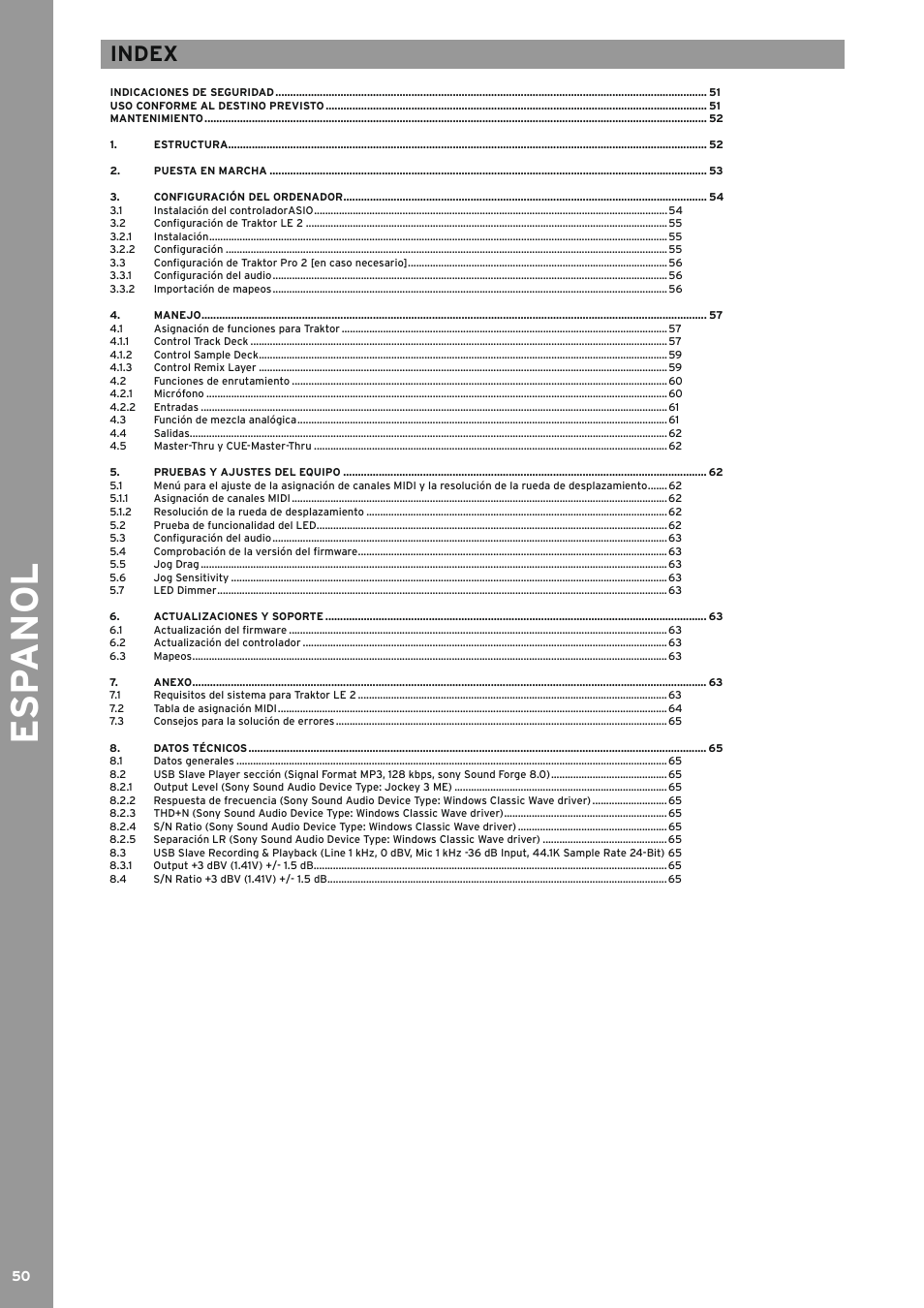 Esp anol, Index | Reloop JOCKEY 3 REMIX User Manual | Page 50 / 68