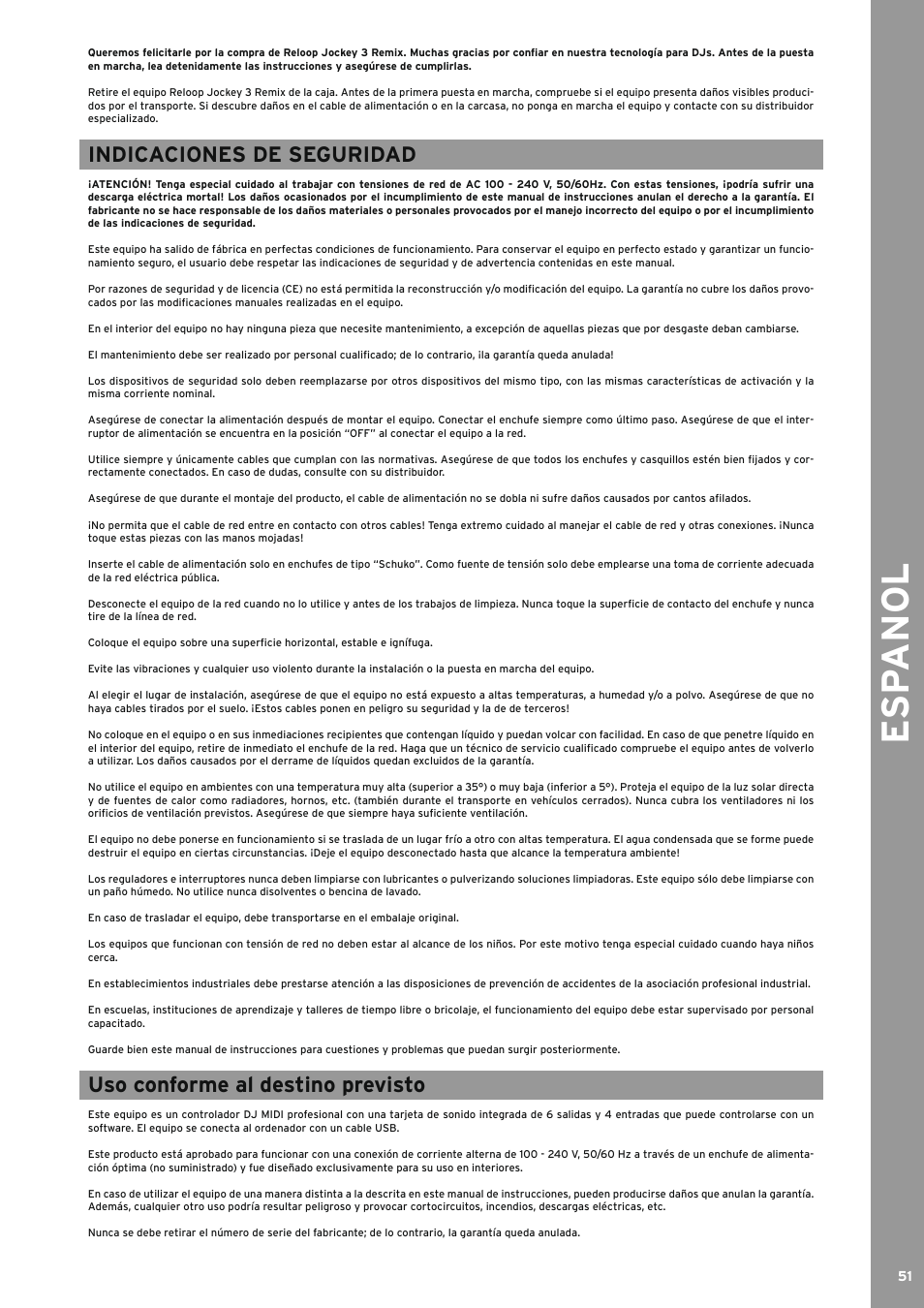 Indicaciones de seguridad, Uso conforme al destino previsto, Esp anol | Reloop JOCKEY 3 REMIX User Manual | Page 51 / 68