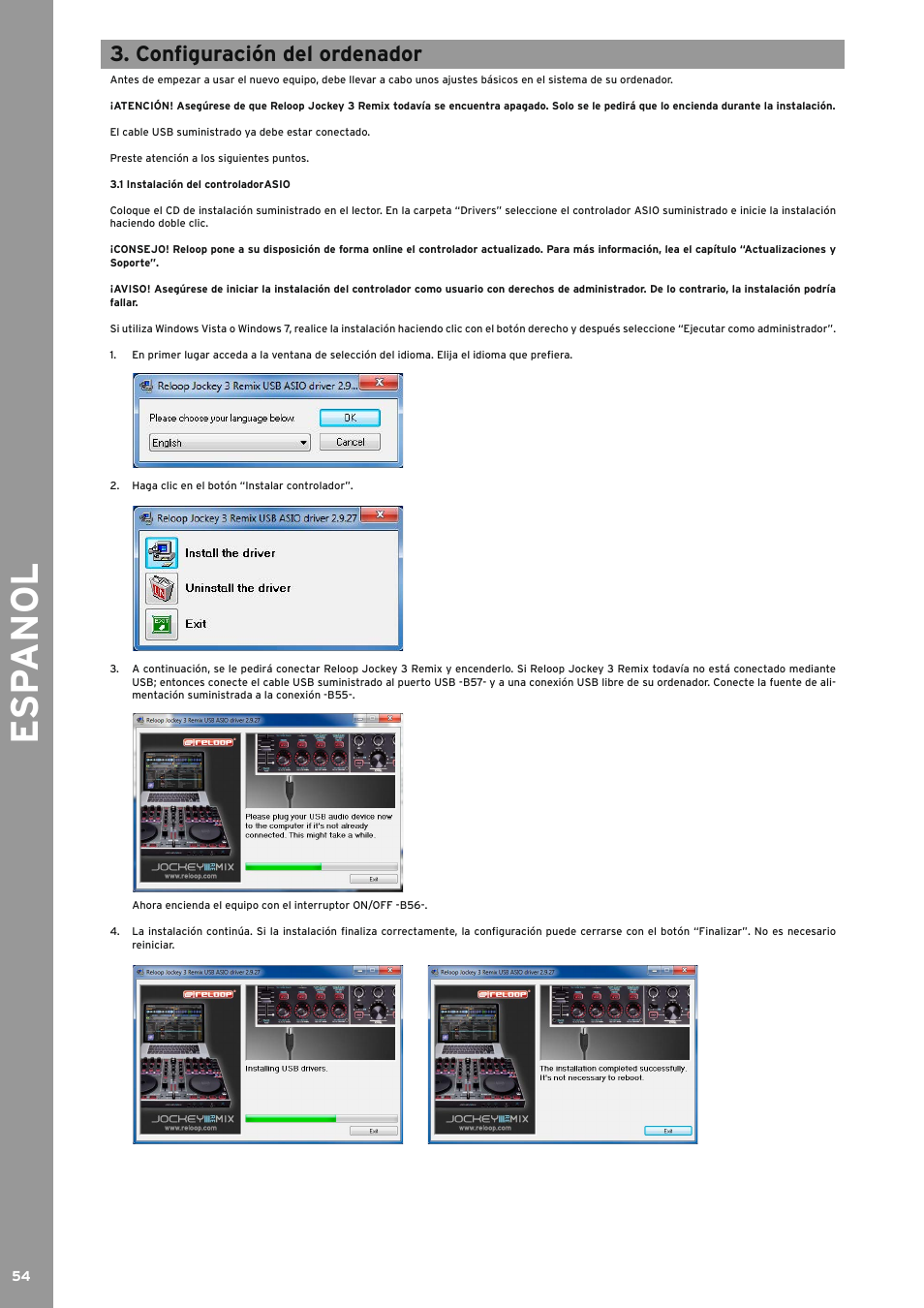 Configuración del ordenador, 1 instalación del controladorasio, Instalación del controladorasio | Esp anol | Reloop JOCKEY 3 REMIX User Manual | Page 54 / 68