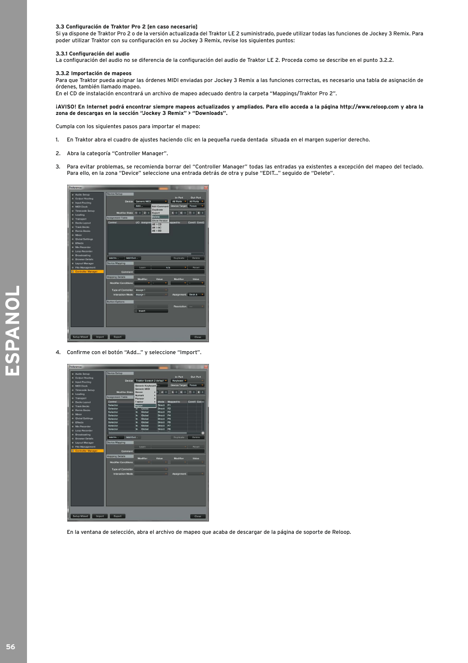 1 configuración del audio, 2 importación de mapeos, Configuración de traktor pro 2 [en caso necesario | Configuración del audio, Importación de mapeos, Esp anol | Reloop JOCKEY 3 REMIX User Manual | Page 56 / 68