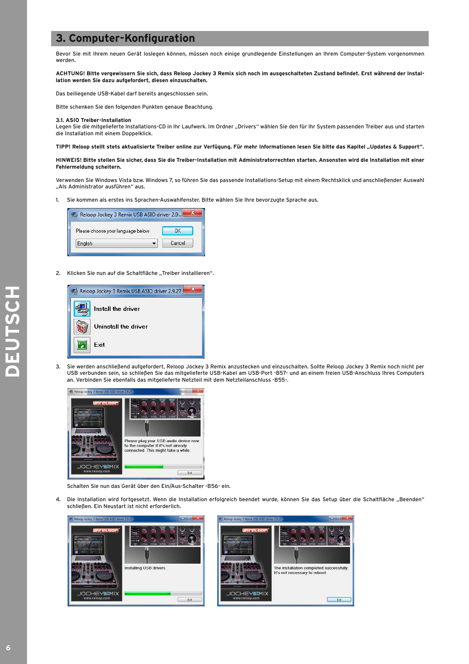 Computer-konfiguration, Asio treiber-installation, Computer-konfiguration 3.1 | De ut s ch | Reloop JOCKEY 3 REMIX User Manual | Page 6 / 68