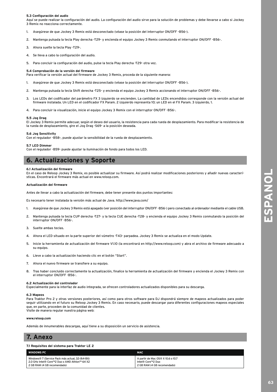 3 configuración del audio, 4 comprobación de la versión del firmware, 5 jog drag | 6 jog sensitivity, 7 led dimmer, Actualizaciones y soporte, 1 actualización del firmware, 2 actualización del controlador, 3 mapeos, Anexo | Reloop JOCKEY 3 REMIX User Manual | Page 63 / 68