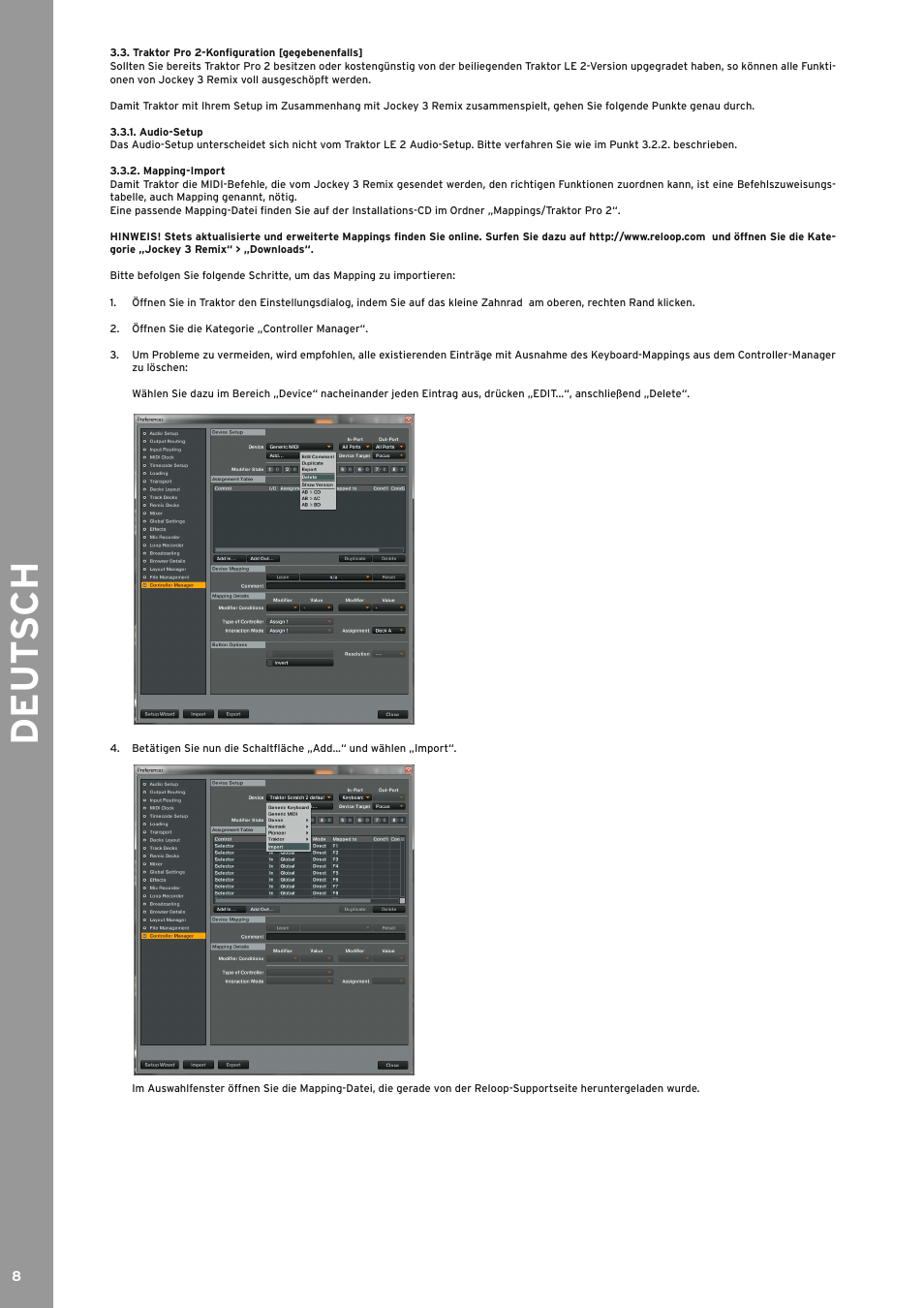Traktor pro 2-konfiguration [gegebenenfalls, Audio-setup, Mapping-import | Audio-setup 3.3.2. mapping-import, De ut s ch | Reloop JOCKEY 3 REMIX User Manual | Page 8 / 68