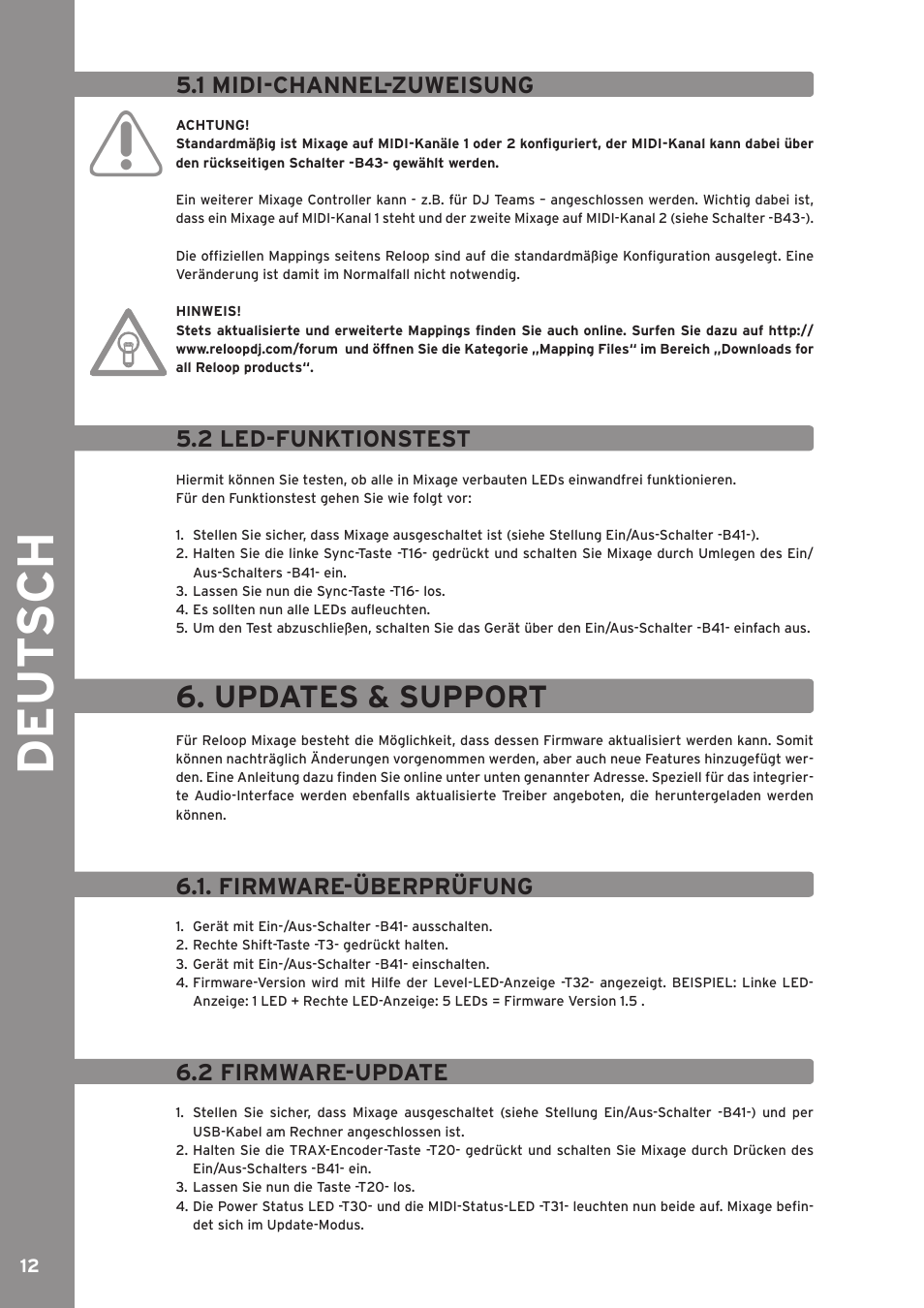 1 midi-channel-zuweisung, 2 led-funktionstest, Updates & support | 2 firmware-update, De ut s ch | Reloop MIXAGE CE LTD. User Manual | Page 12 / 53