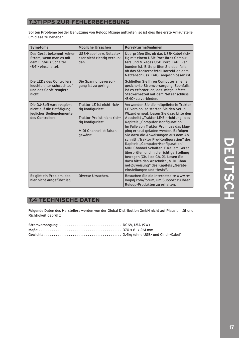 3tipps zur fehlerbehebung, 4 technische daten, De ut s ch | Reloop MIXAGE CE LTD. User Manual | Page 17 / 53