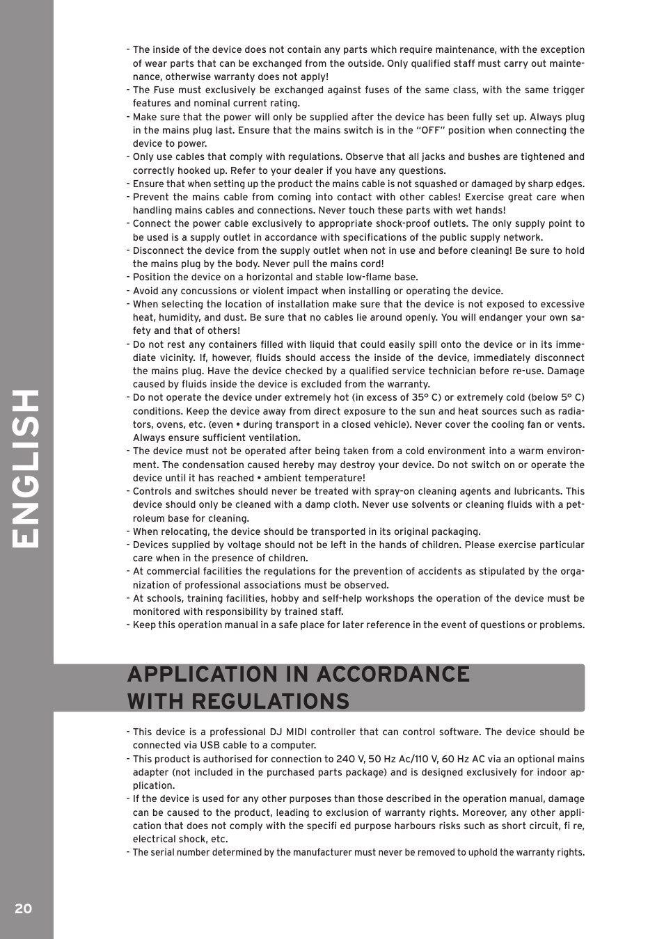 English, Application in accordance with regulations | Reloop MIXAGE CE LTD. User Manual | Page 20 / 53