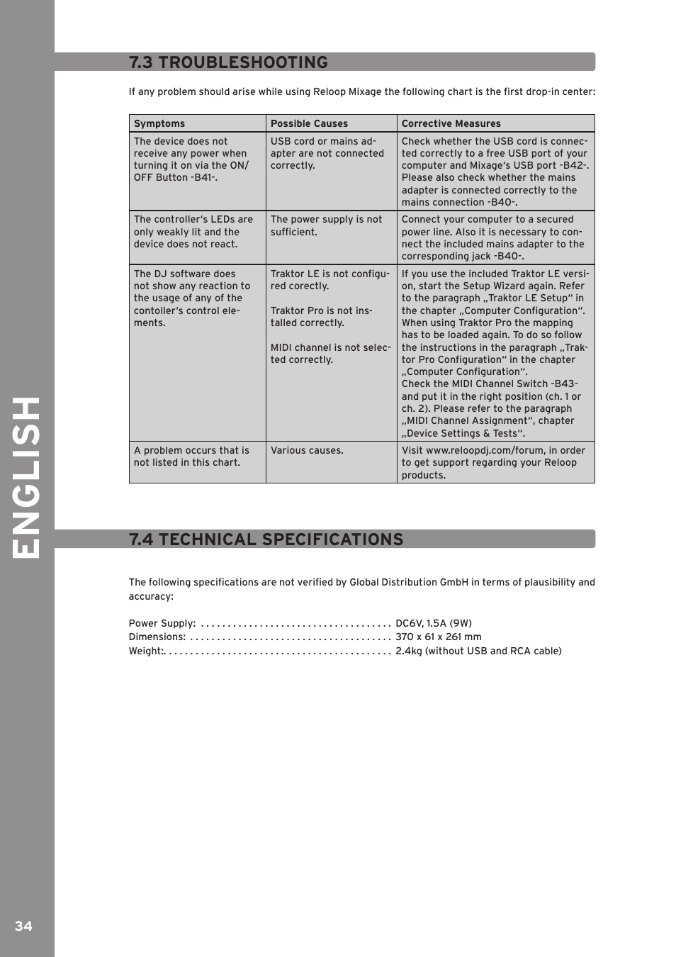 3 troubleshooting, 4 technical specifications, English | Reloop MIXAGE CE LTD. User Manual | Page 34 / 53