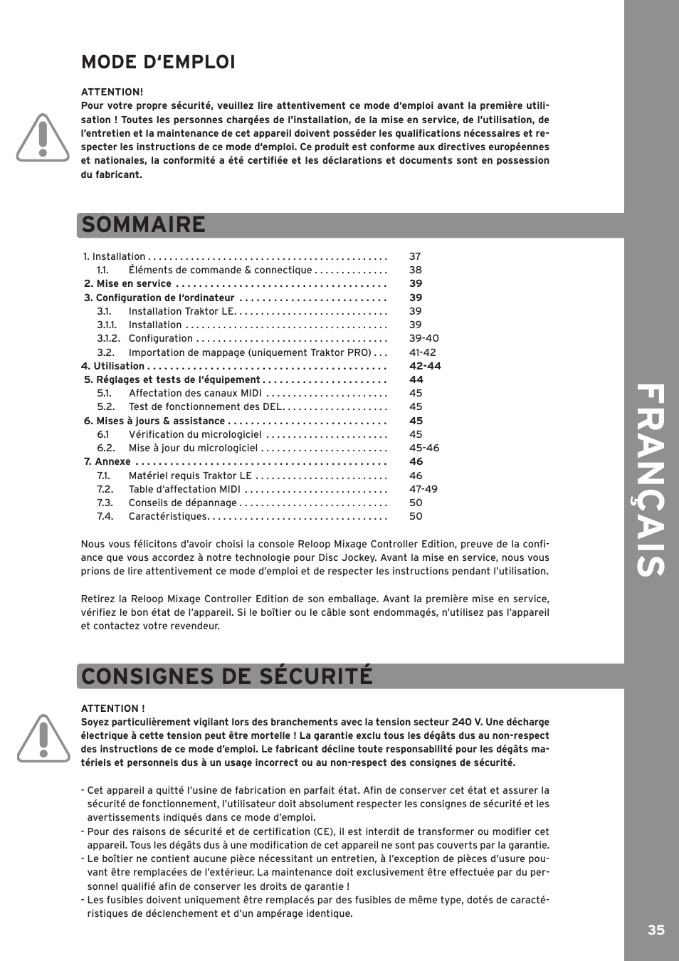 Français, Sommaire, Fr ançais | Consignes de sécurité, Mode d‘emploi | Reloop MIXAGE CE LTD. User Manual | Page 36 / 53