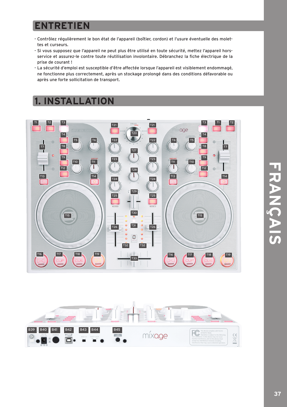 Utilisation conforme, Fr ançais, Entretien | Installation | Reloop MIXAGE CE LTD. User Manual | Page 37 / 53