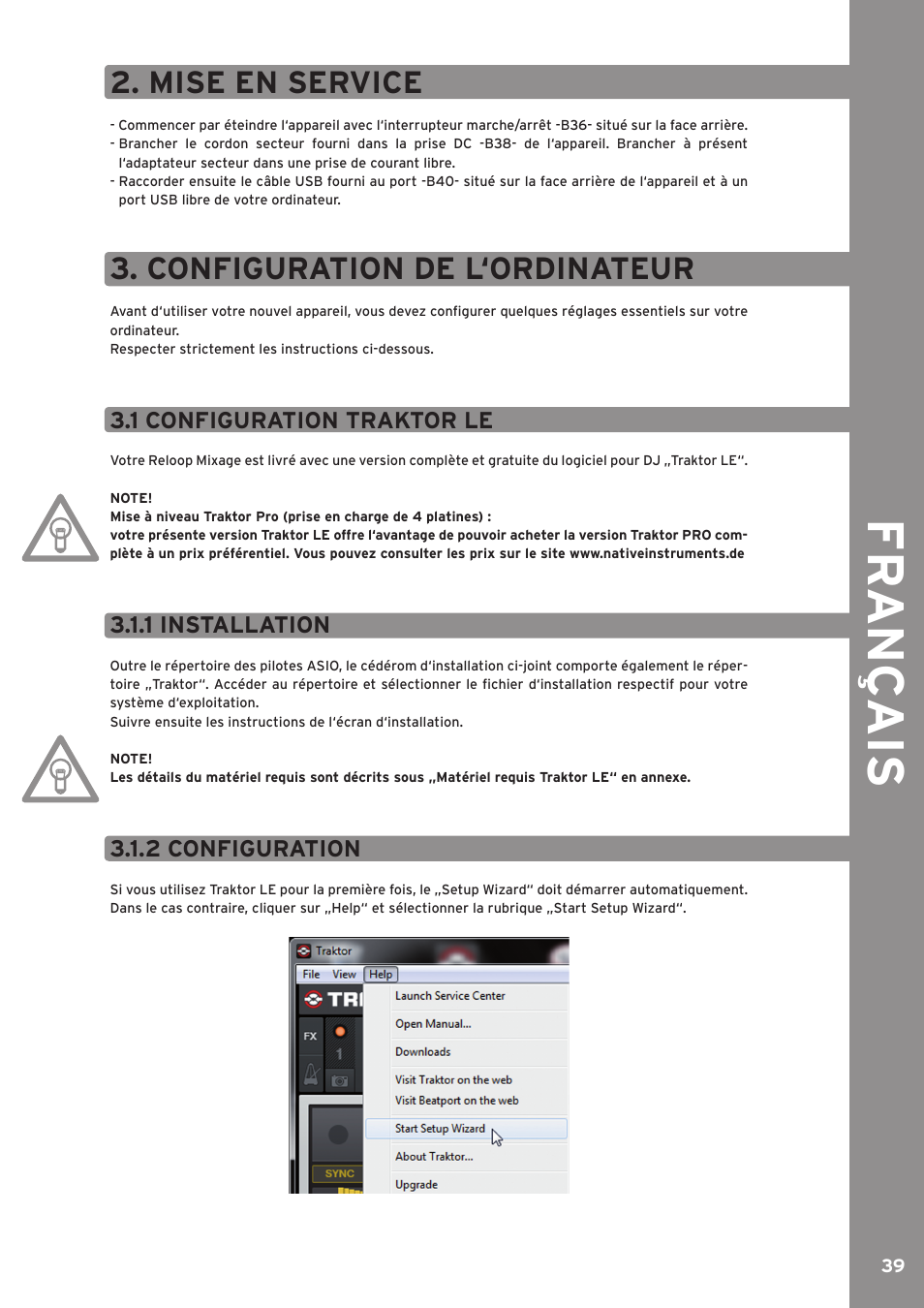 Mise en service, 1 configuration traktor le, 1 installation | 2 configuration, Fr ançais, Configuration de l‘ordinateur | Reloop MIXAGE CE LTD. User Manual | Page 40 / 53