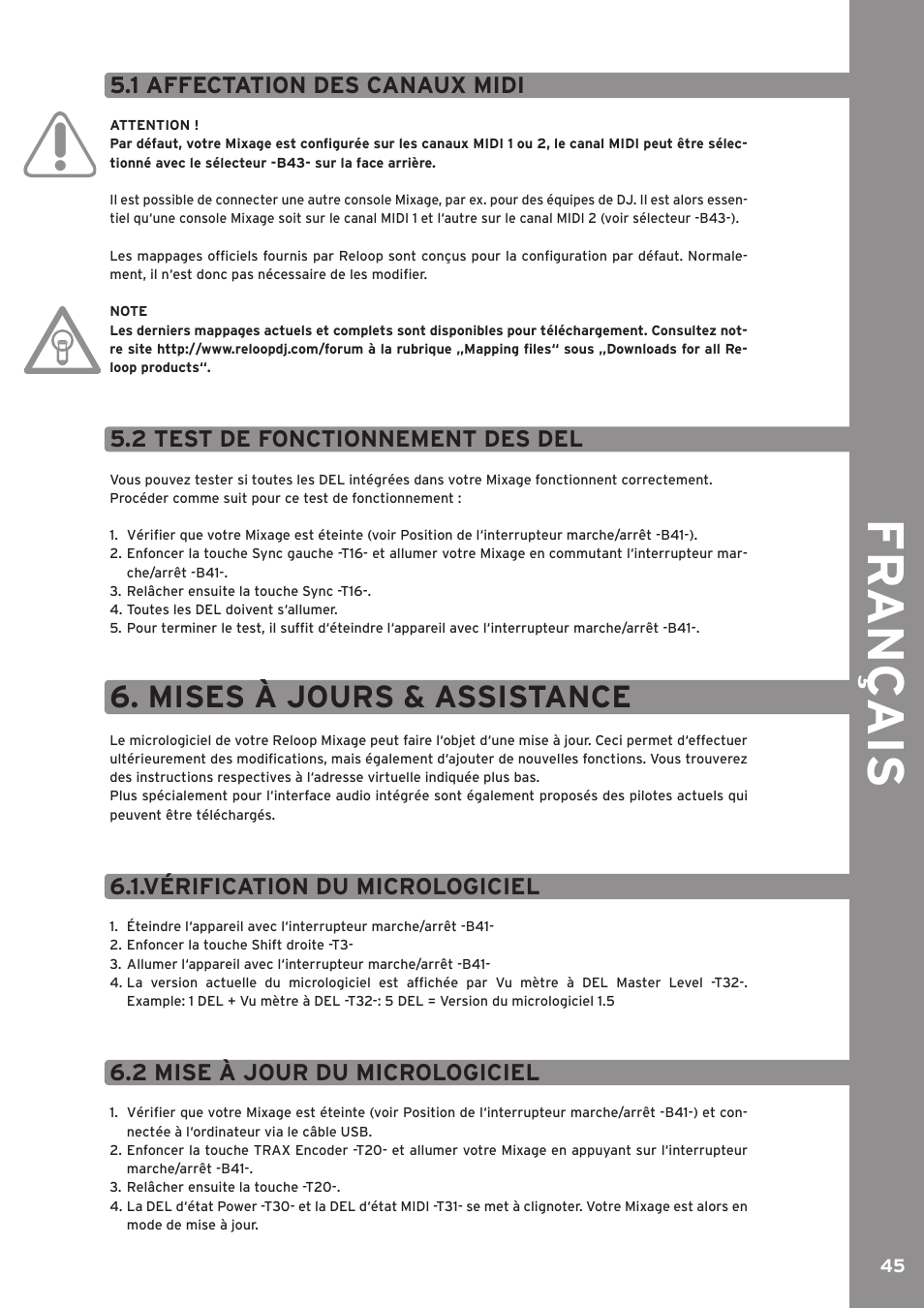 1 affectation des canaux midi, 2 test de fonctionnement des del, Fr ançais | Mises à jours & assistance, Vérification du micrologiciel, 2 mise à jour du micrologiciel | Reloop MIXAGE CE LTD. User Manual | Page 46 / 53