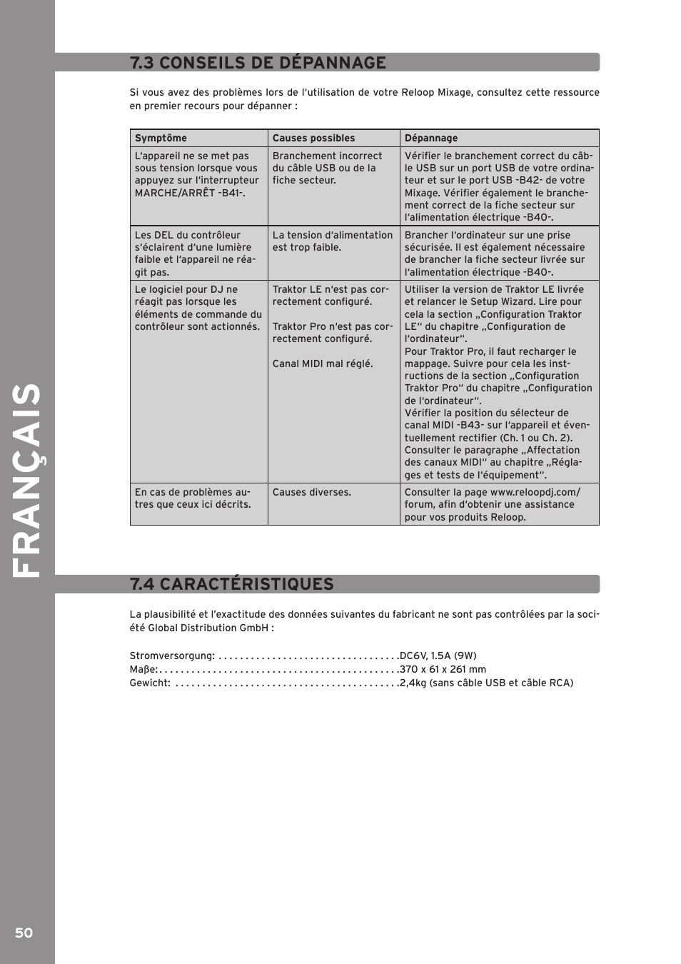 Fr ançais, 3 conseils de dépannage, 4 caractéristiques | Reloop MIXAGE CE LTD. User Manual | Page 51 / 53