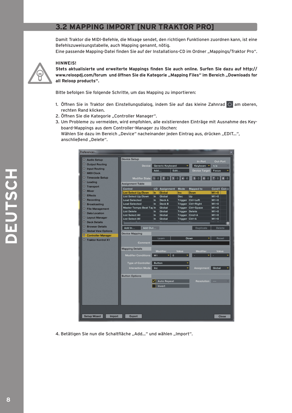 2 mapping import [nur traktor pro, De ut s ch | Reloop MIXAGE CE LTD. User Manual | Page 8 / 53