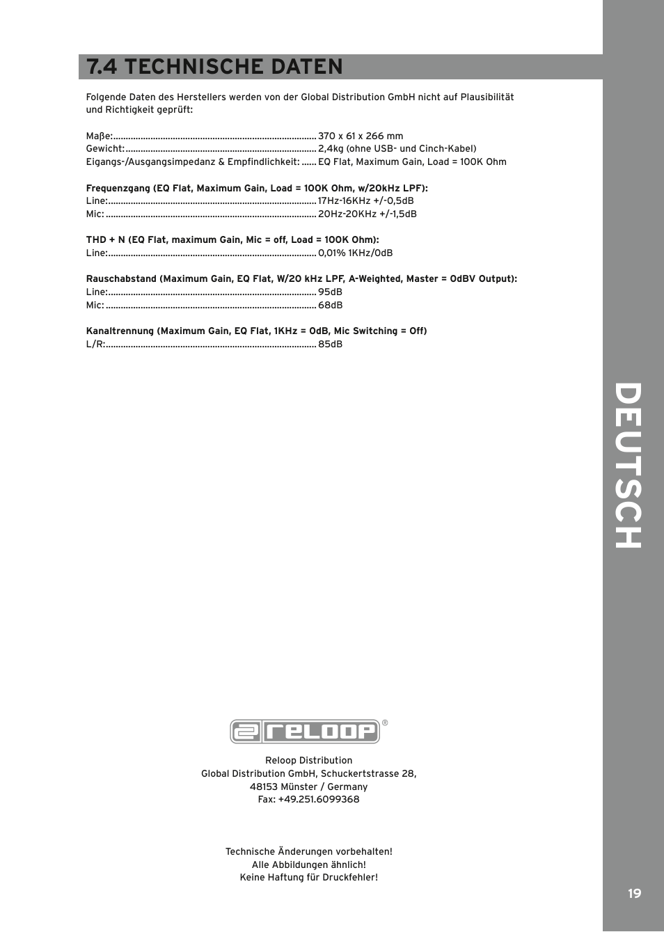 Technische daten, 4 technische daten | Reloop MIXAGE IE MK2 User Manual | Page 19 / 56