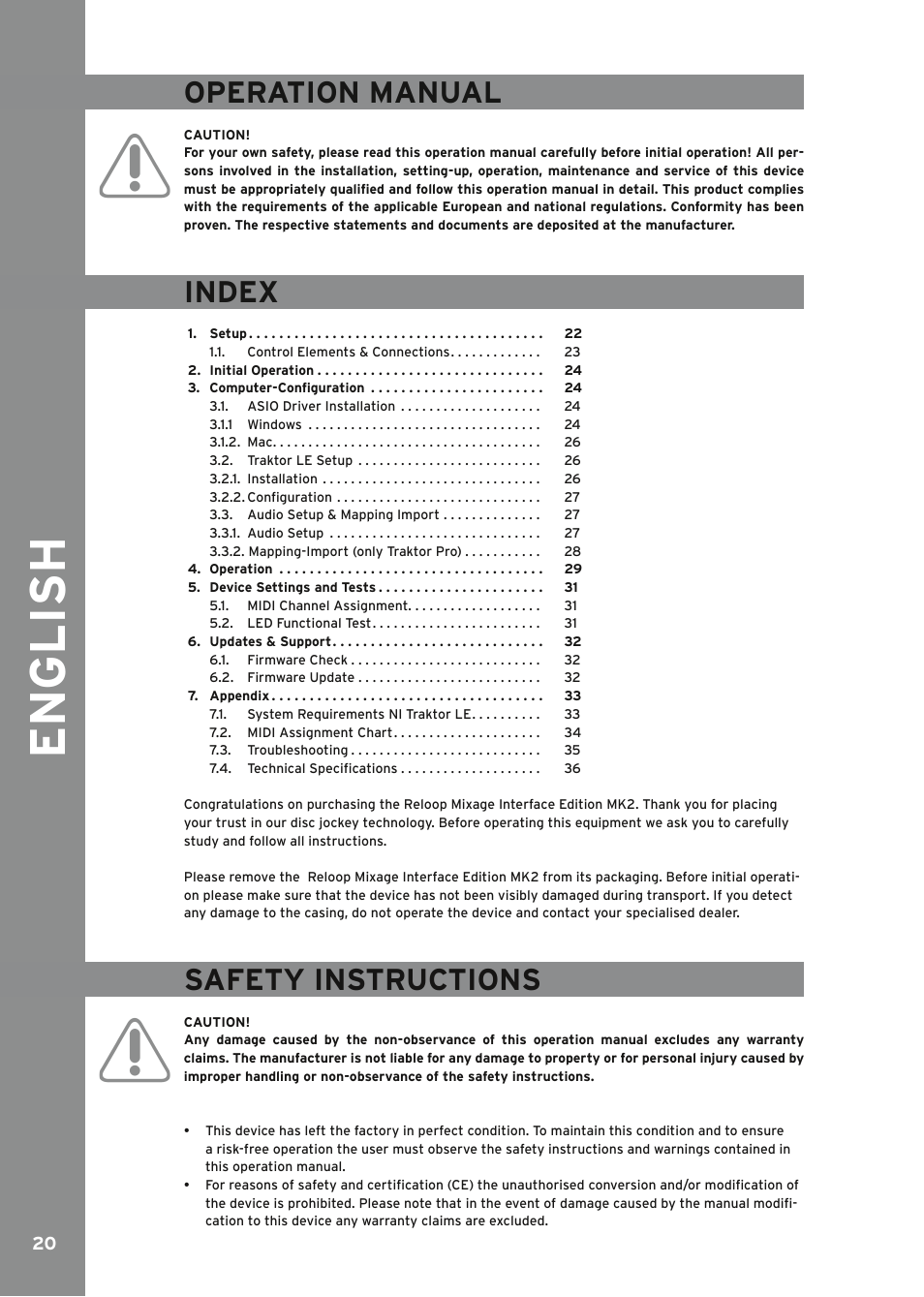 English, Operation manual, Index | Safety instructions | Reloop MIXAGE IE MK2 User Manual | Page 20 / 56