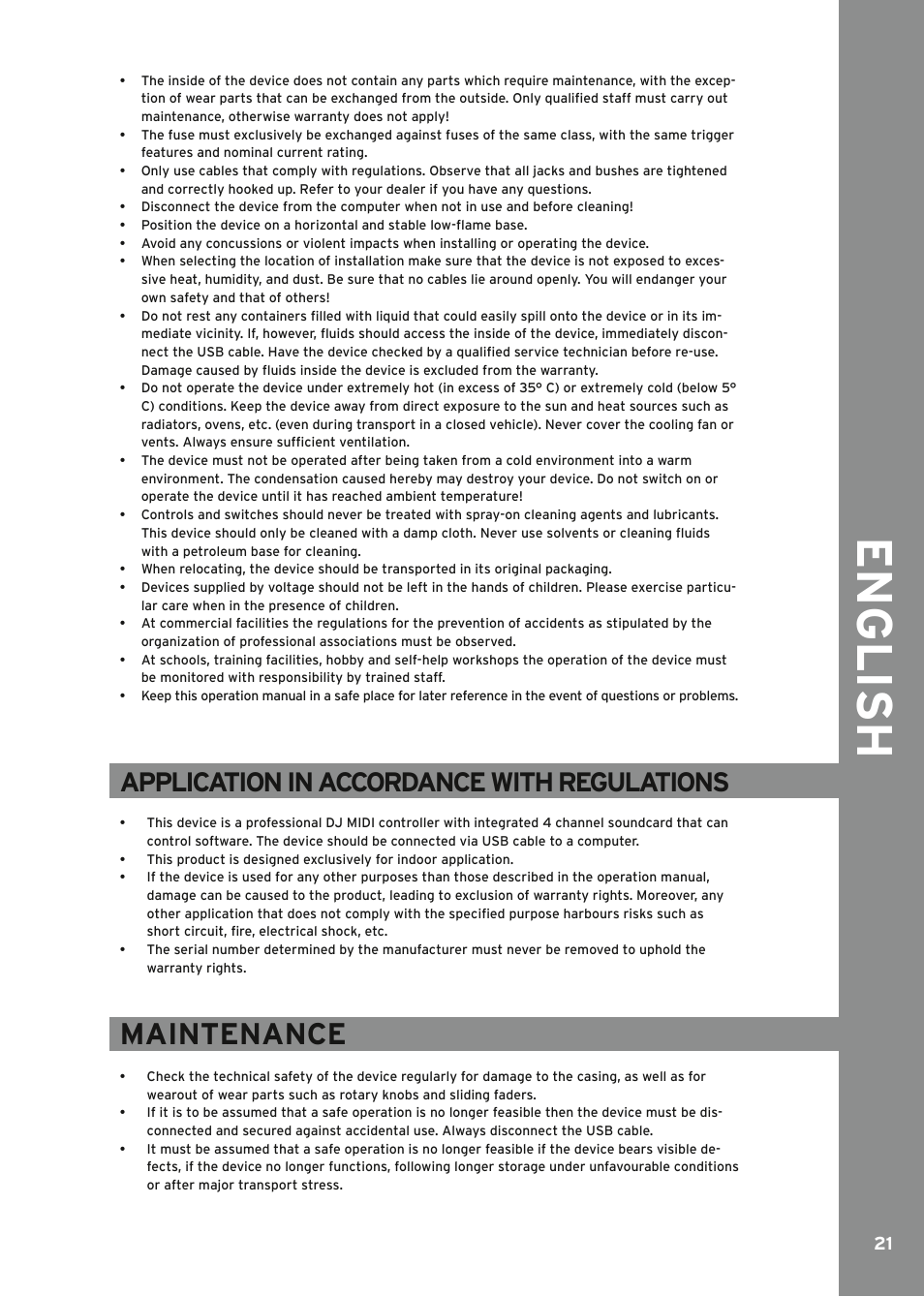 English, Maintenance, Application in accordance with regulations | Reloop MIXAGE IE MK2 User Manual | Page 21 / 56