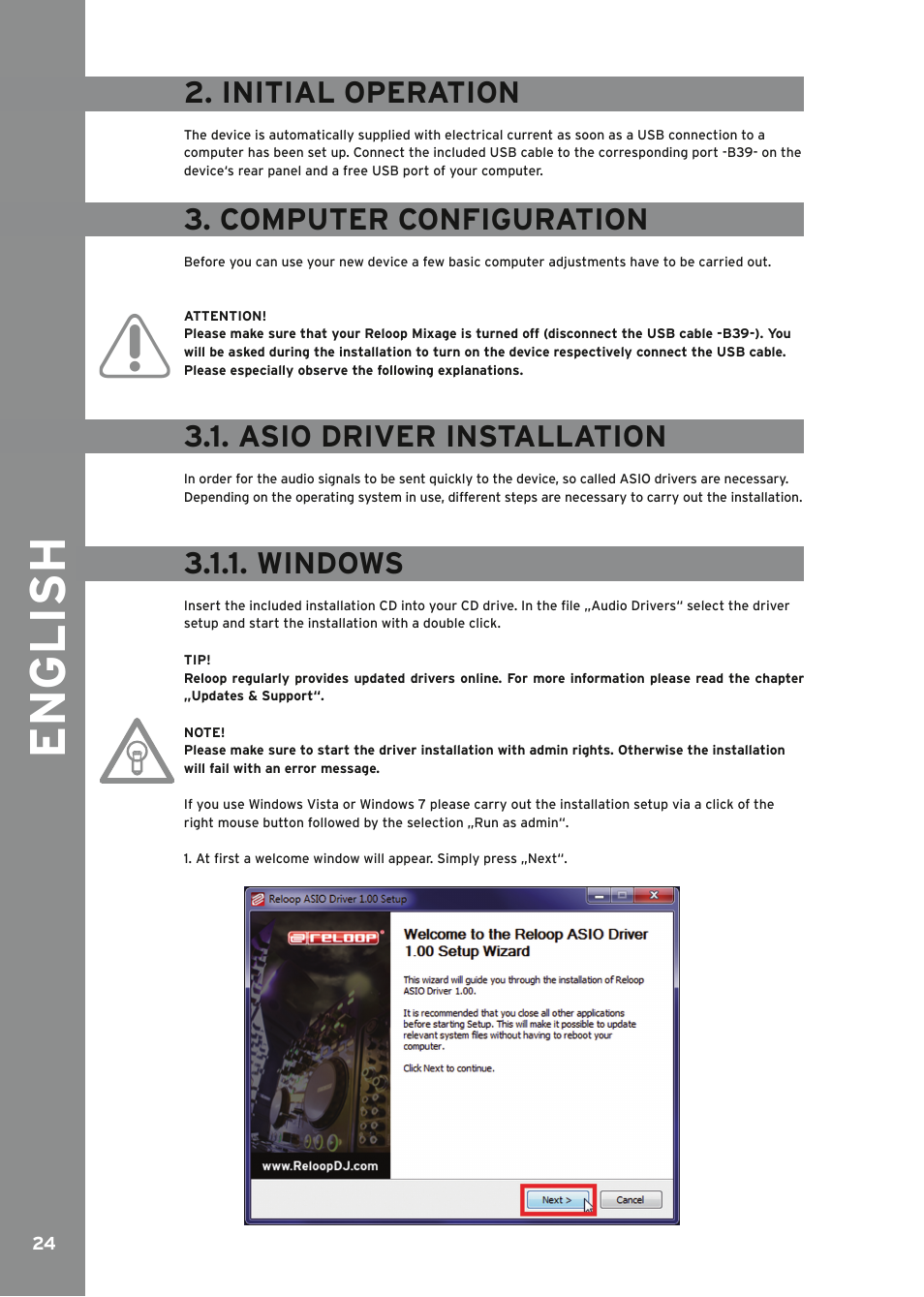 Initial operation, Computer-configuration, Asio driver installation | Windows, English, Computer configuration | Reloop MIXAGE IE MK2 User Manual | Page 24 / 56