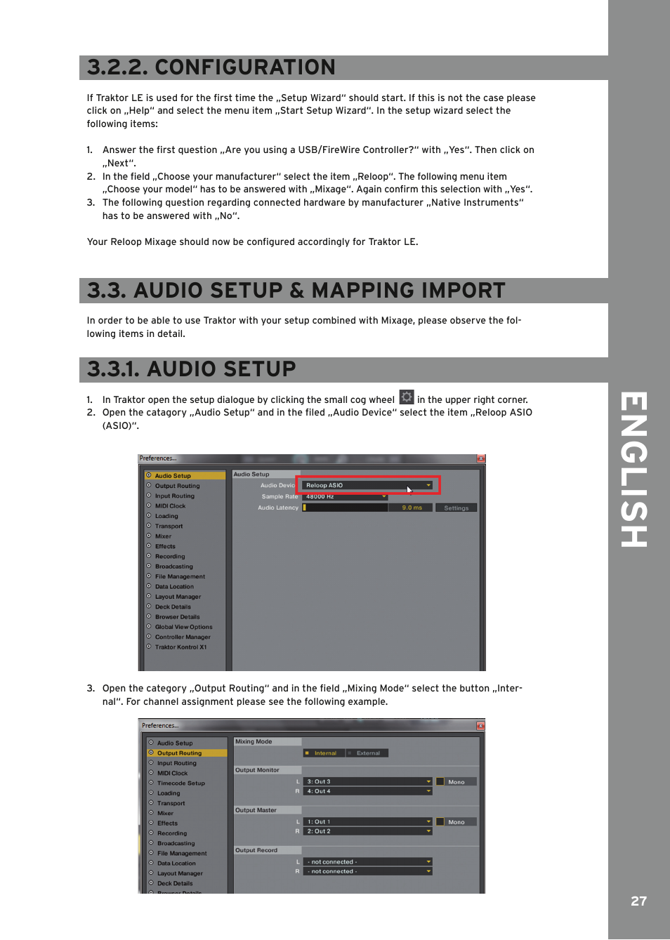 Configuration, Audio setup & mapping import, Audio setup | English | Reloop MIXAGE IE MK2 User Manual | Page 27 / 56