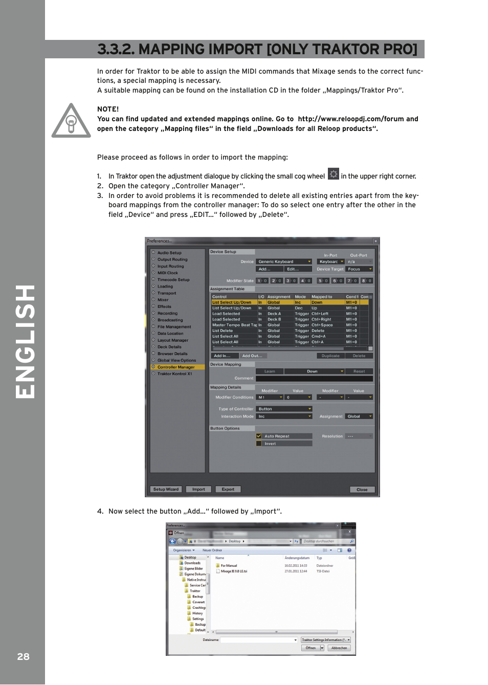 Mapping-import (only traktor pro), English, Mapping import [only traktor pro | Reloop MIXAGE IE MK2 User Manual | Page 28 / 56