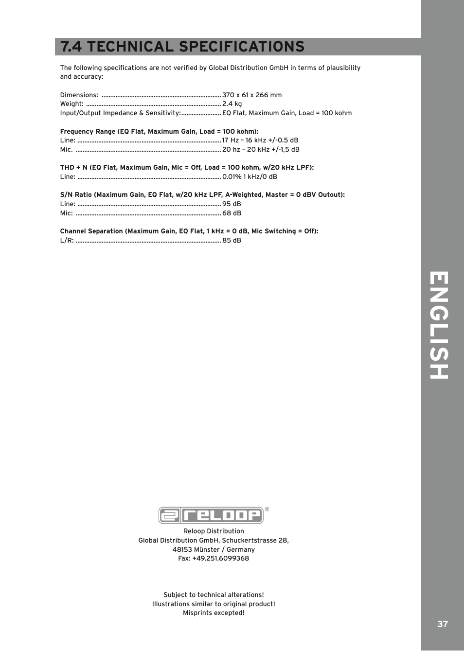 Technical specifications, English, 4 technical specifications | Reloop MIXAGE IE MK2 User Manual | Page 37 / 56