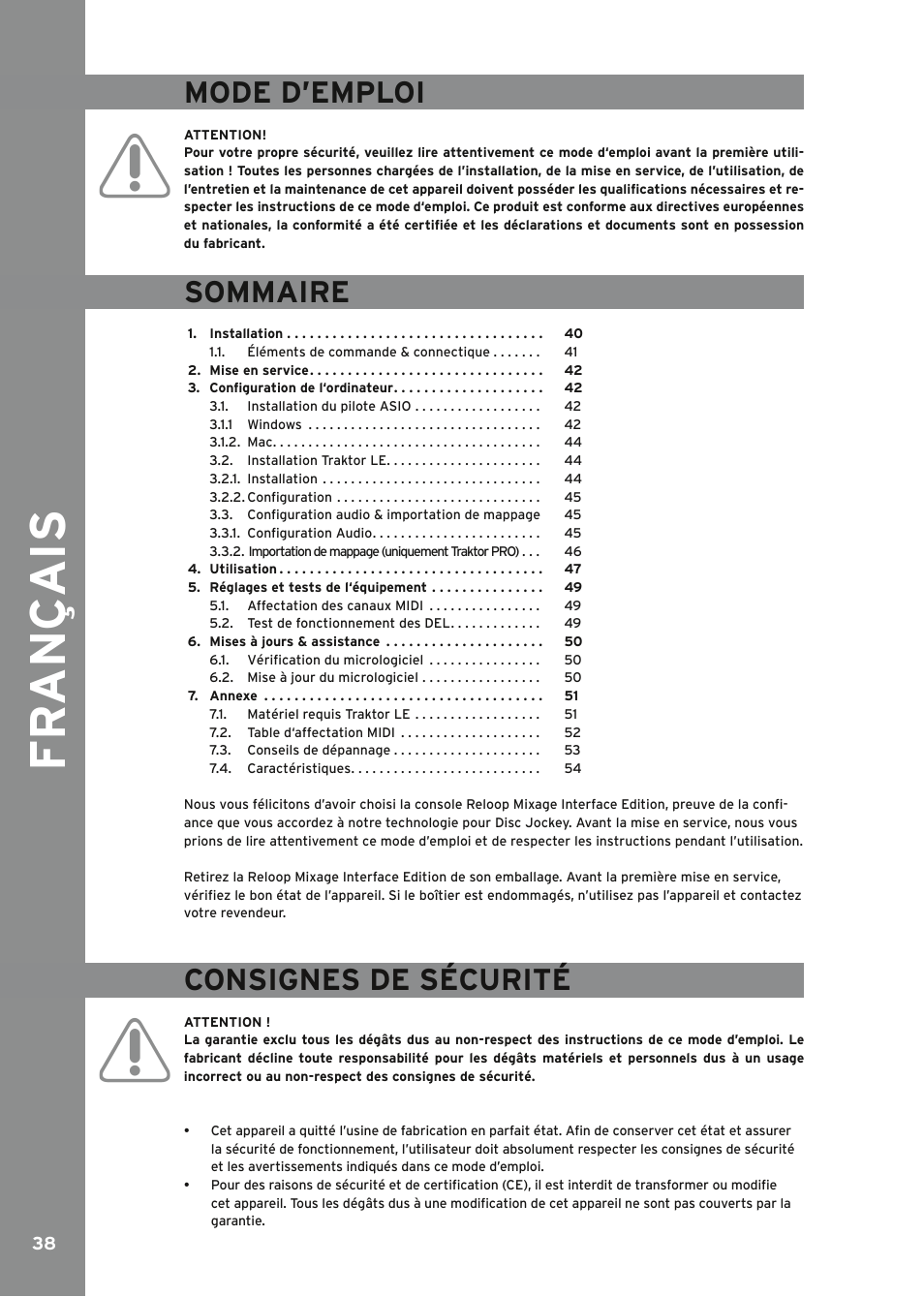 Fr ançais, Mode d’emploi, Sommaire | Consignes de sécurité | Reloop MIXAGE IE MK2 User Manual | Page 38 / 56