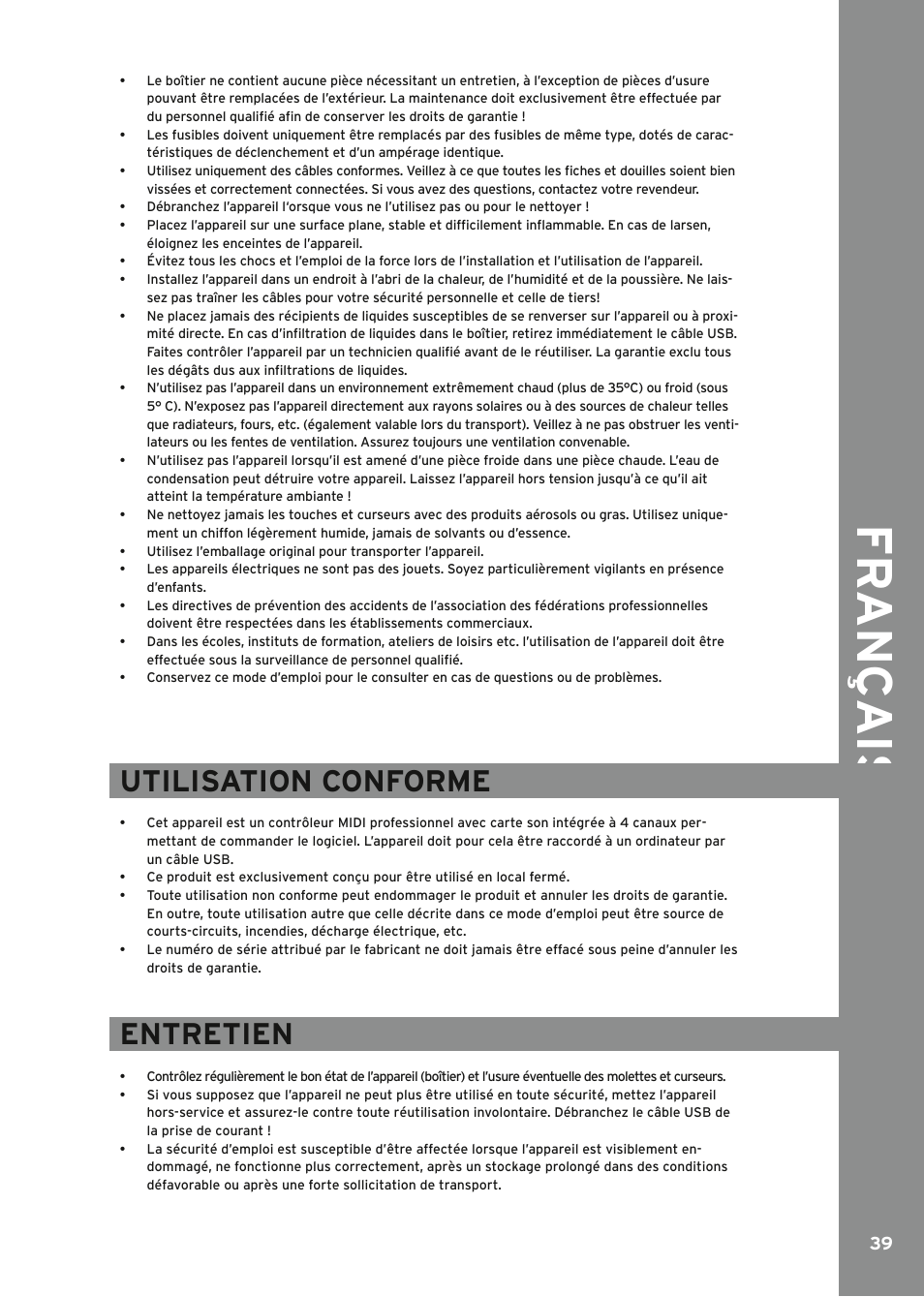 Fr ançais, Utilisation conforme, Entretien | Reloop MIXAGE IE MK2 User Manual | Page 39 / 56