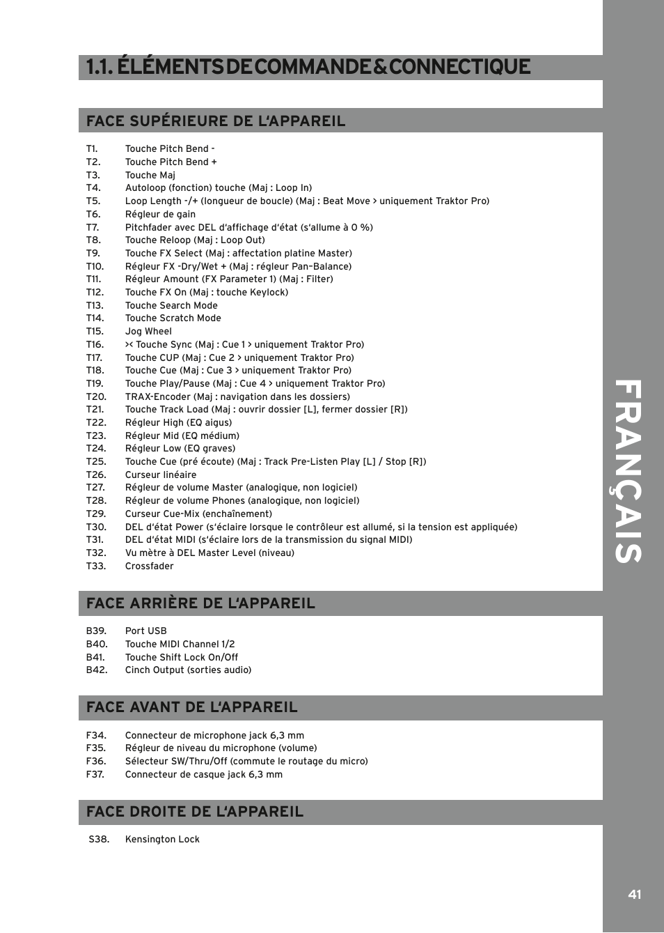 Éléments de commande & connectique, Fr ançais, Face supérieure de l‘appareil | Face arrière de l‘appareil, Face avant de l‘appareil, Face droite de l‘appareil | Reloop MIXAGE IE MK2 User Manual | Page 41 / 56