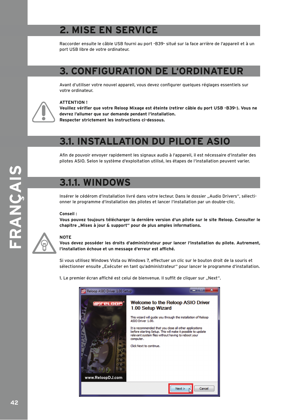 Mise en service, Configuration de l‘ordinateur, Installation du pilote asio | Windows, Fr ançais | Reloop MIXAGE IE MK2 User Manual | Page 42 / 56