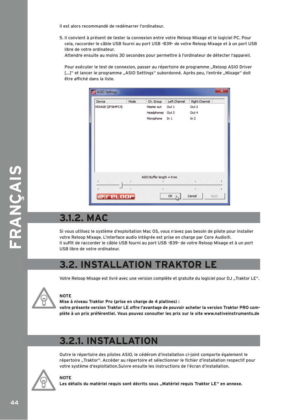 Installation traktor le, Installation, Fr ançais | Reloop MIXAGE IE MK2 User Manual | Page 44 / 56