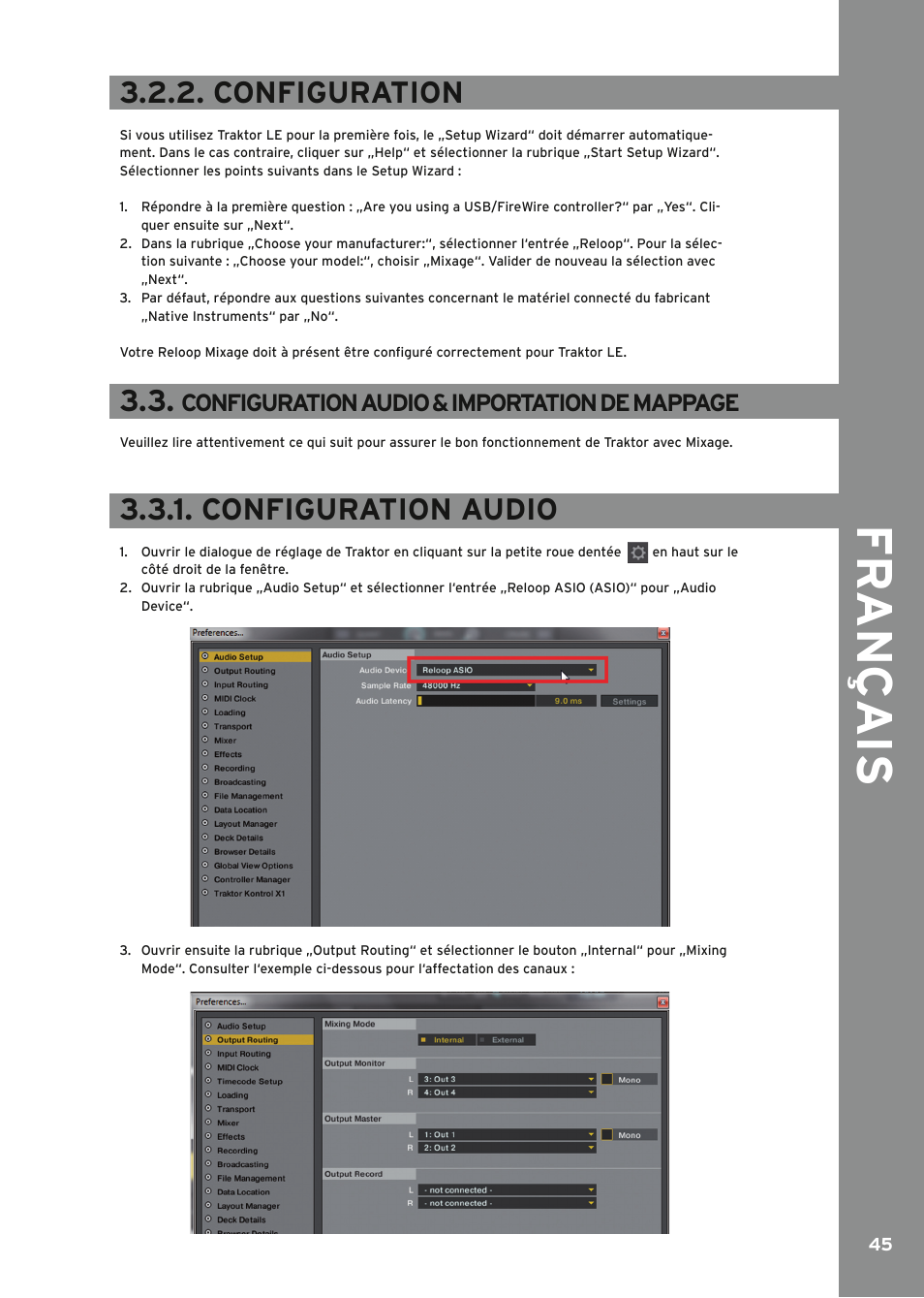 Configuration, Configuration audio, Fr ançais | Configuration audio & importation de mappage | Reloop MIXAGE IE MK2 User Manual | Page 45 / 56