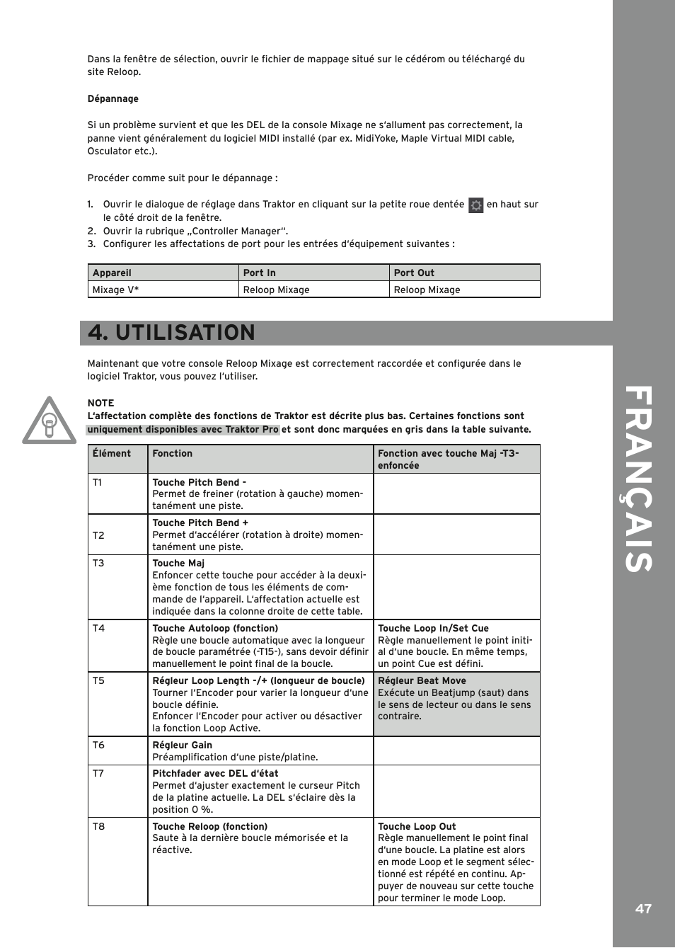 Utilisation, Fr ançais | Reloop MIXAGE IE MK2 User Manual | Page 47 / 56