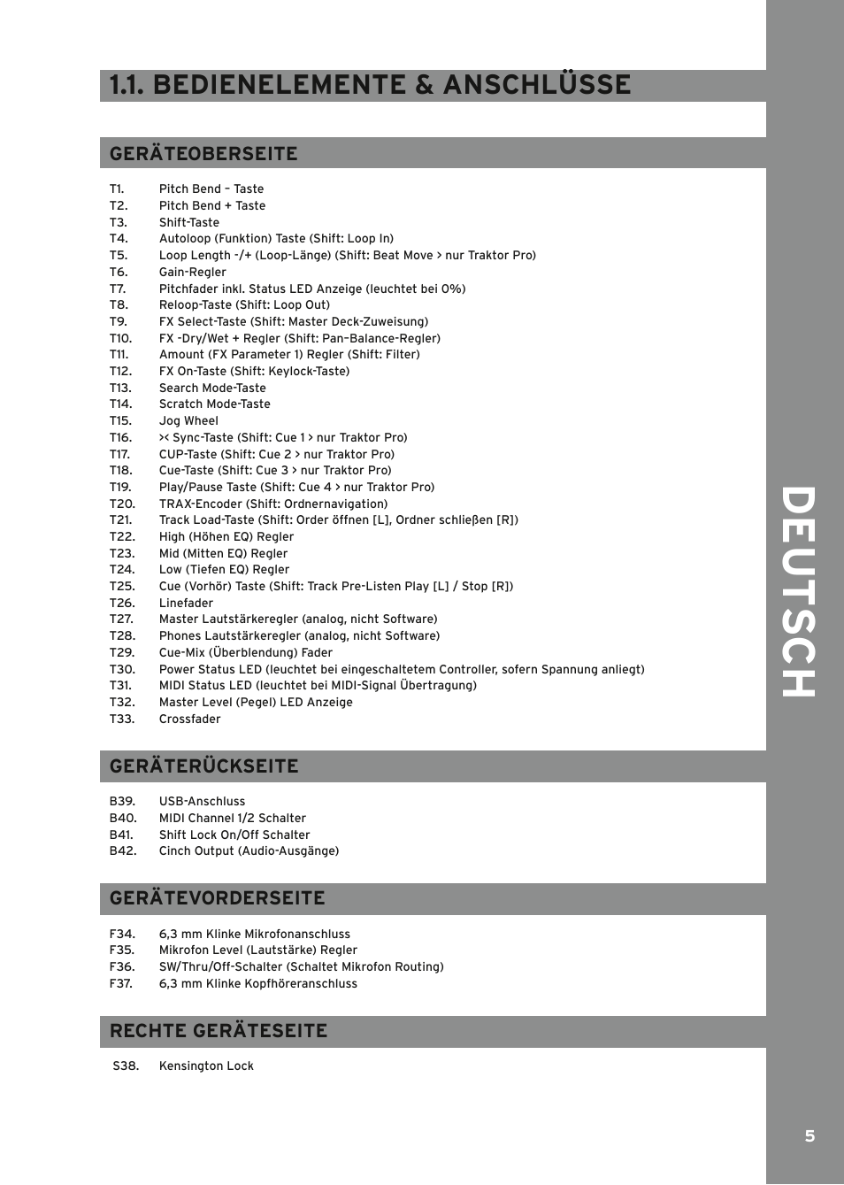 Bedienelemente & anschlüsse, Englisch, Geräteoberseite | Geräterückseite, Gerätevorderseite, Rechte geräteseite | Reloop MIXAGE IE MK2 User Manual | Page 5 / 56