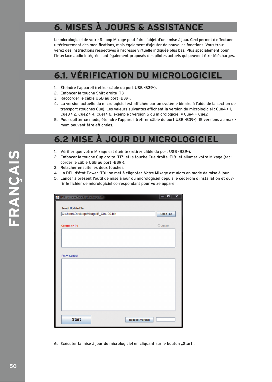 Mises à jours & assistance, Vérification du micrologiciel, Mise à jour du micrologiciel | Fr ançais, 2 mise à jour du micrologiciel | Reloop MIXAGE IE MK2 User Manual | Page 50 / 56