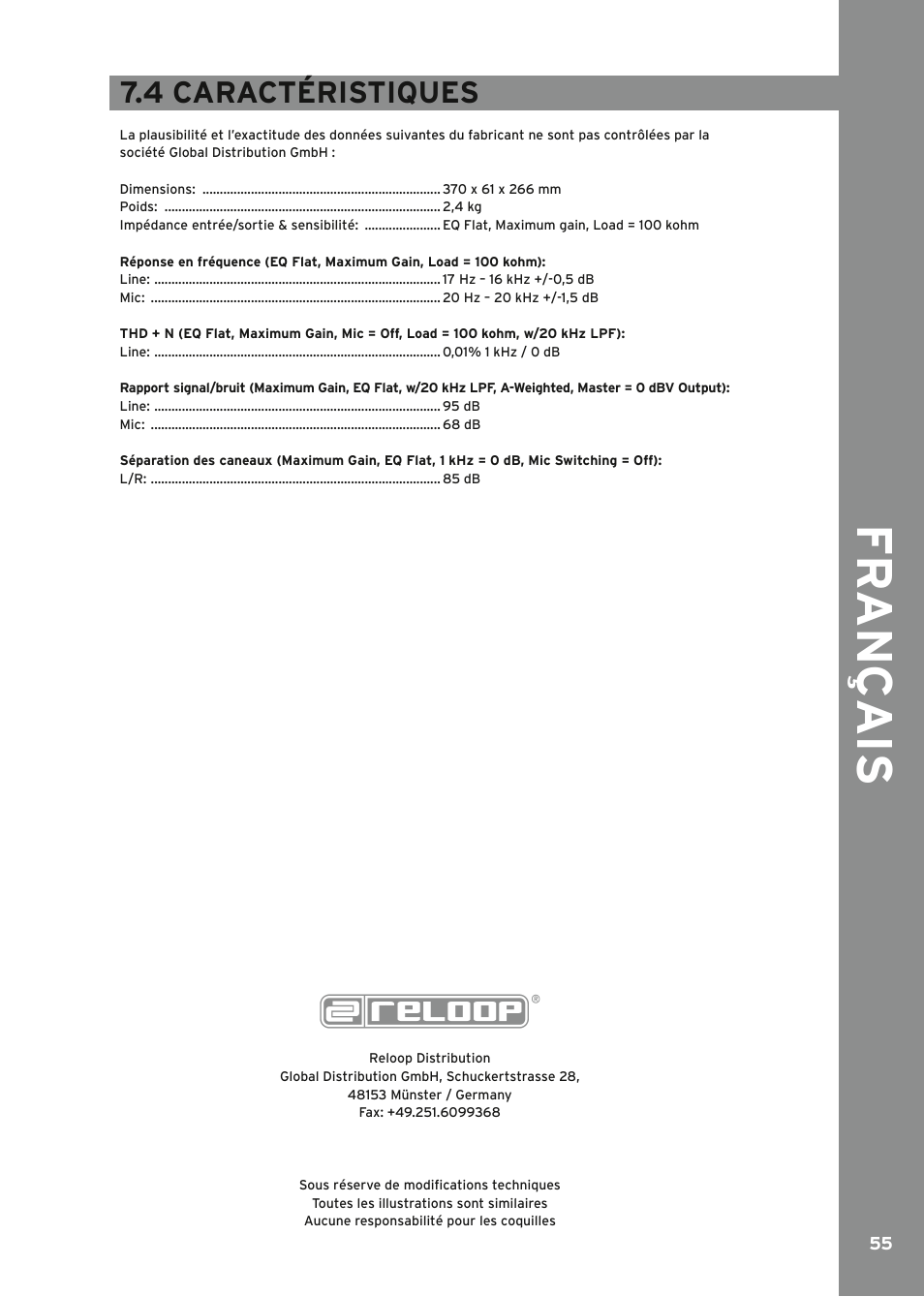 Caractéristiques, Fr ançais, 4 caractéristiques | Reloop MIXAGE IE MK2 User Manual | Page 55 / 56