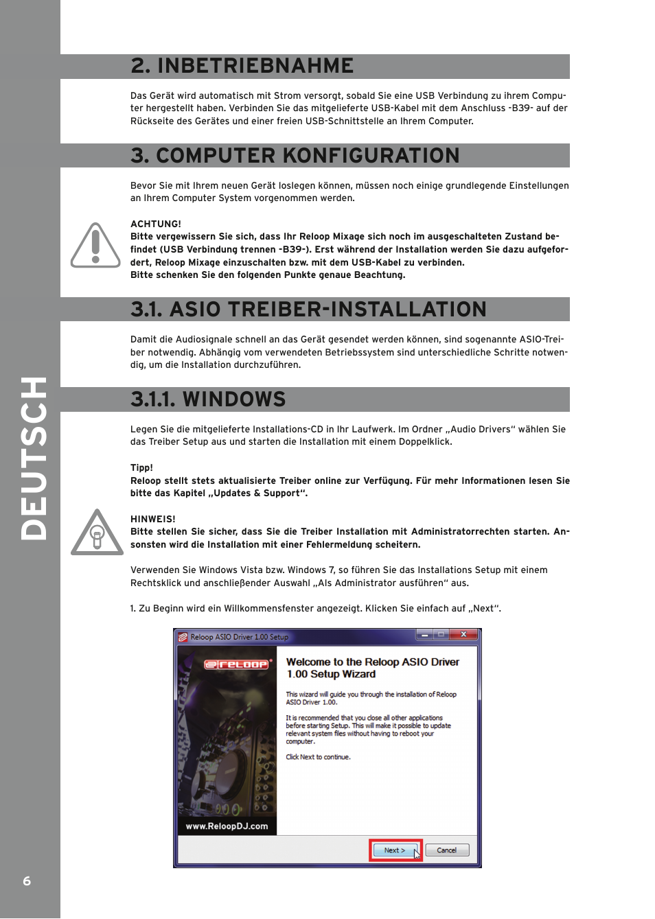 Inbetriebnahme, Computer-konfiguration, Asio treiber-installation | Windows | Reloop MIXAGE IE MK2 User Manual | Page 6 / 56
