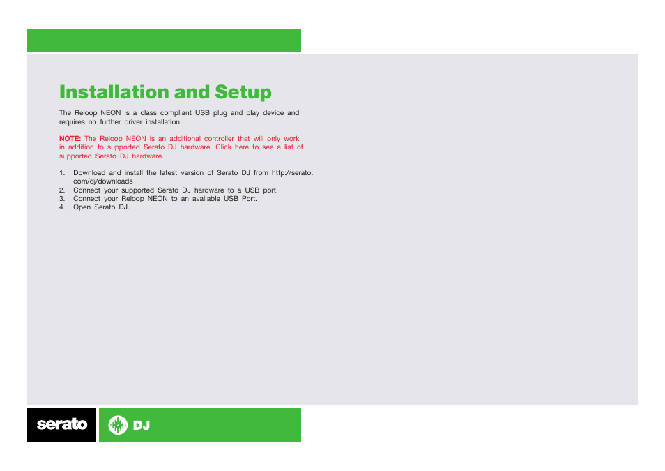Installation and setup | Reloop NEON - Serato Quickstart Guide User Manual | Page 2 / 8