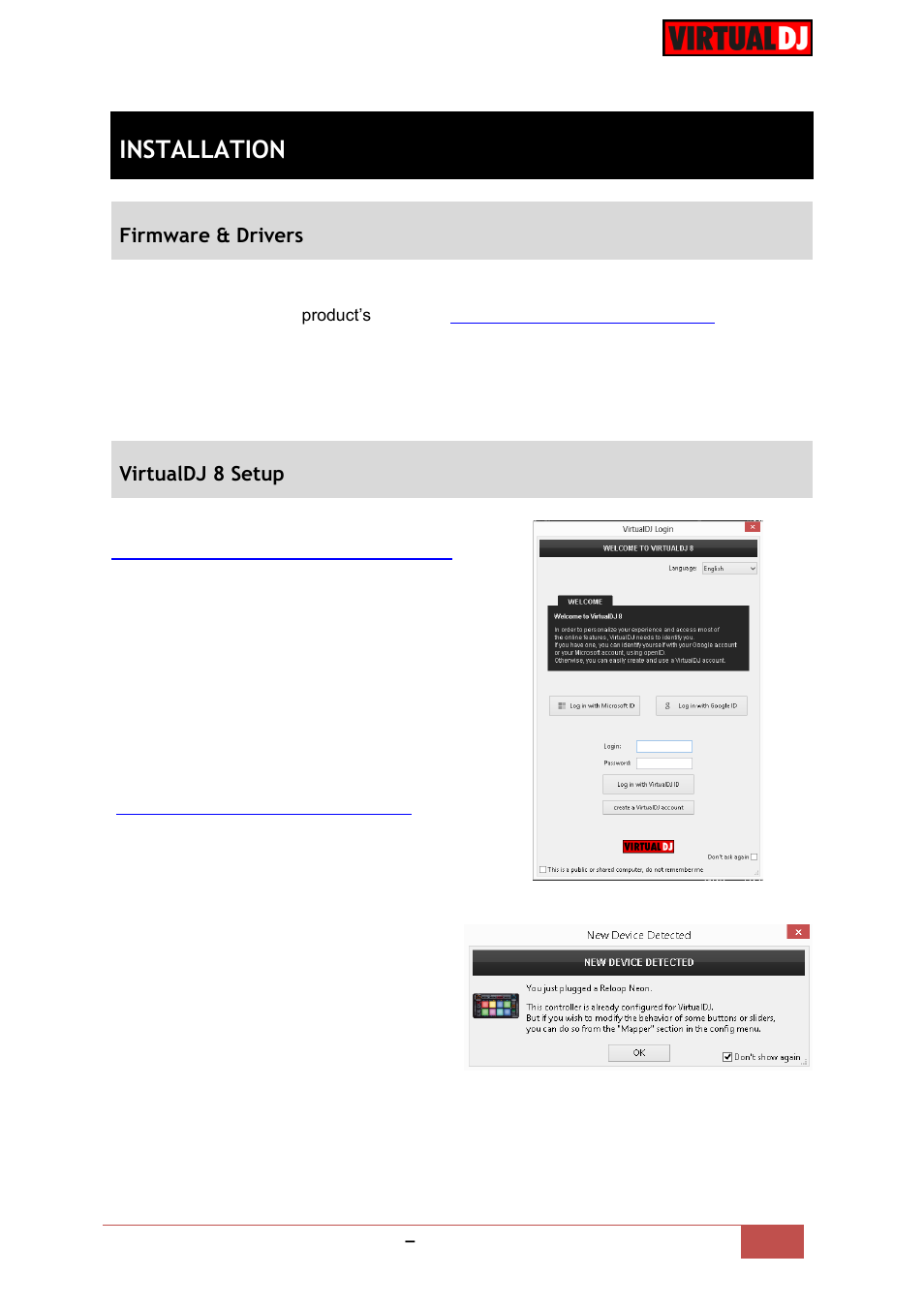 Installation, Firmware & drivers, Virtualdj 8 setup | Reloop NEON - VirtualDJ 8 Operation Guide User Manual | Page 3 / 12