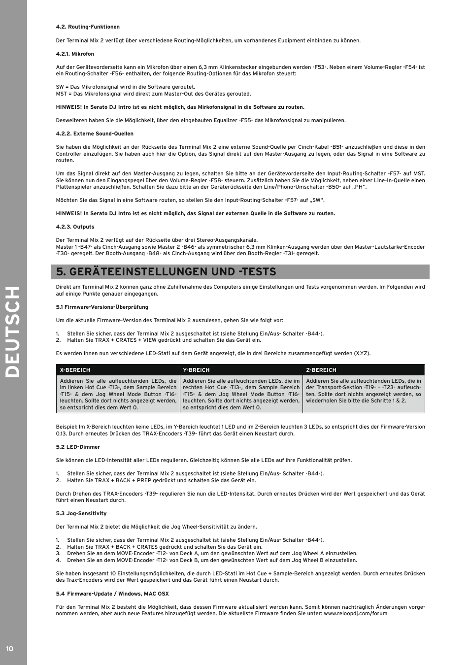 Routing-funktionen, Mikrofon, Externe sound-quellen | Outputs, Geräteeinstellungen und -tests, 1 firmware-versions-überprüfung, 2 led-dimmer, 3 jog-sensitivity, 4 firmware-update / windows, mac osx, Firmware-versions-überprüfung | Reloop TERMINAL MIX 2 - Instruction Manual User Manual | Page 10 / 60